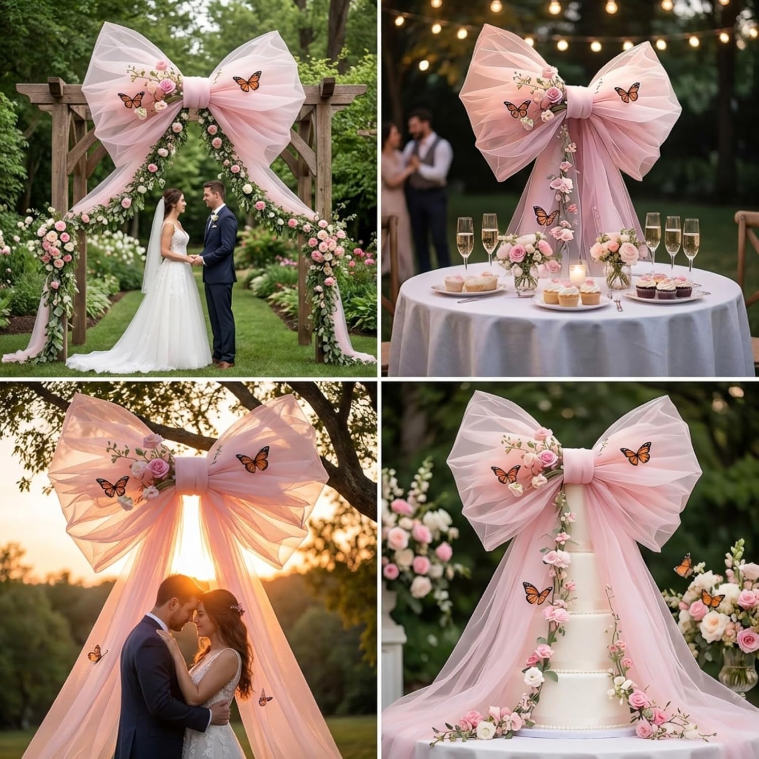 Giegxin Giant Pink Bow for Wedding Backdrop 28 x 98 Inch Extra Large Pink Bow Decor with 75 Inch Floral Artificial Flower Vine and Butterflies for Wedding Bridal Shower Arch Baby Shower Birthday Party