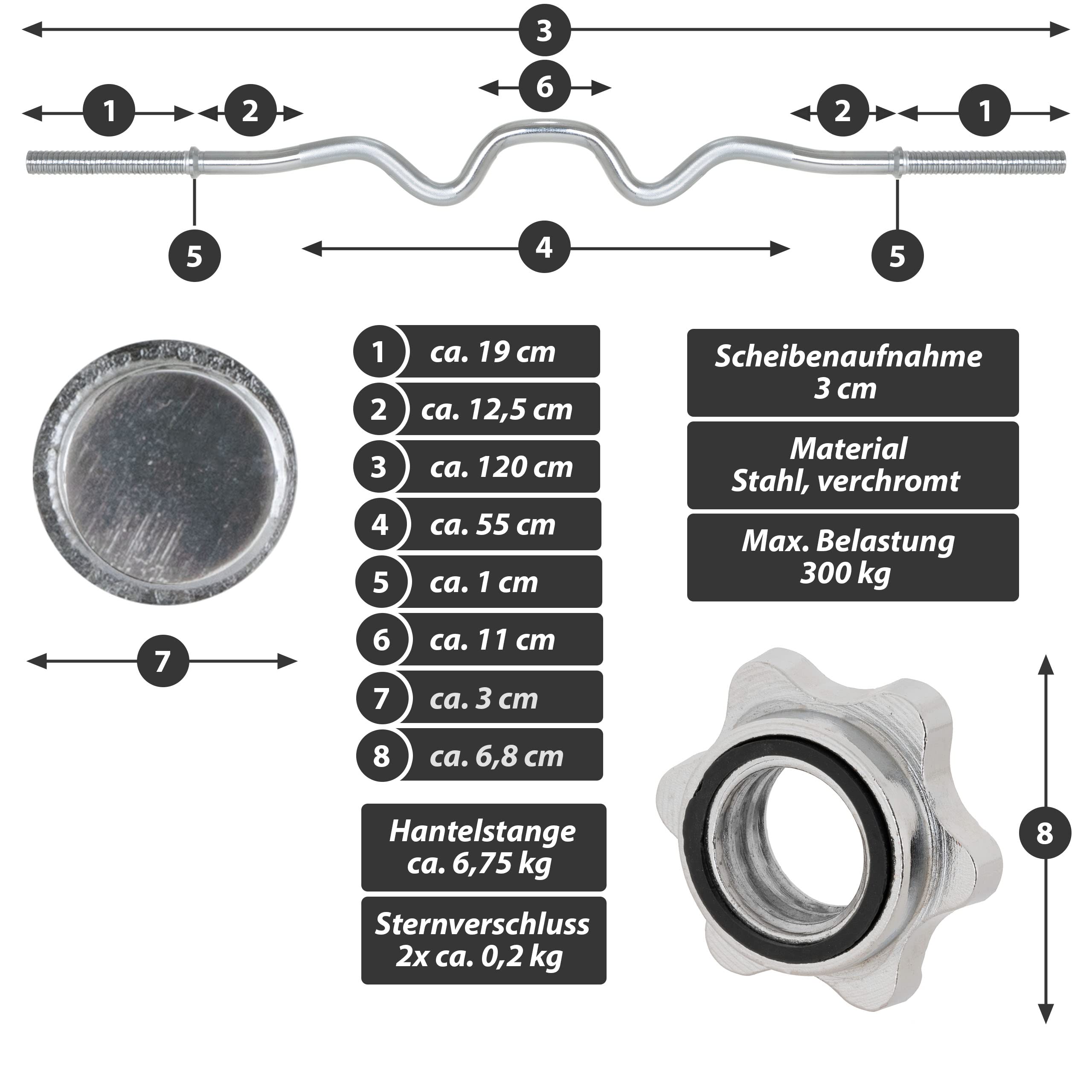 Super SZ Curlstange 120 cm Krafttraining Zugstange Stahl silber verchromt Sternverschluss Workout Bodybuilding Fitness Gewichtheben