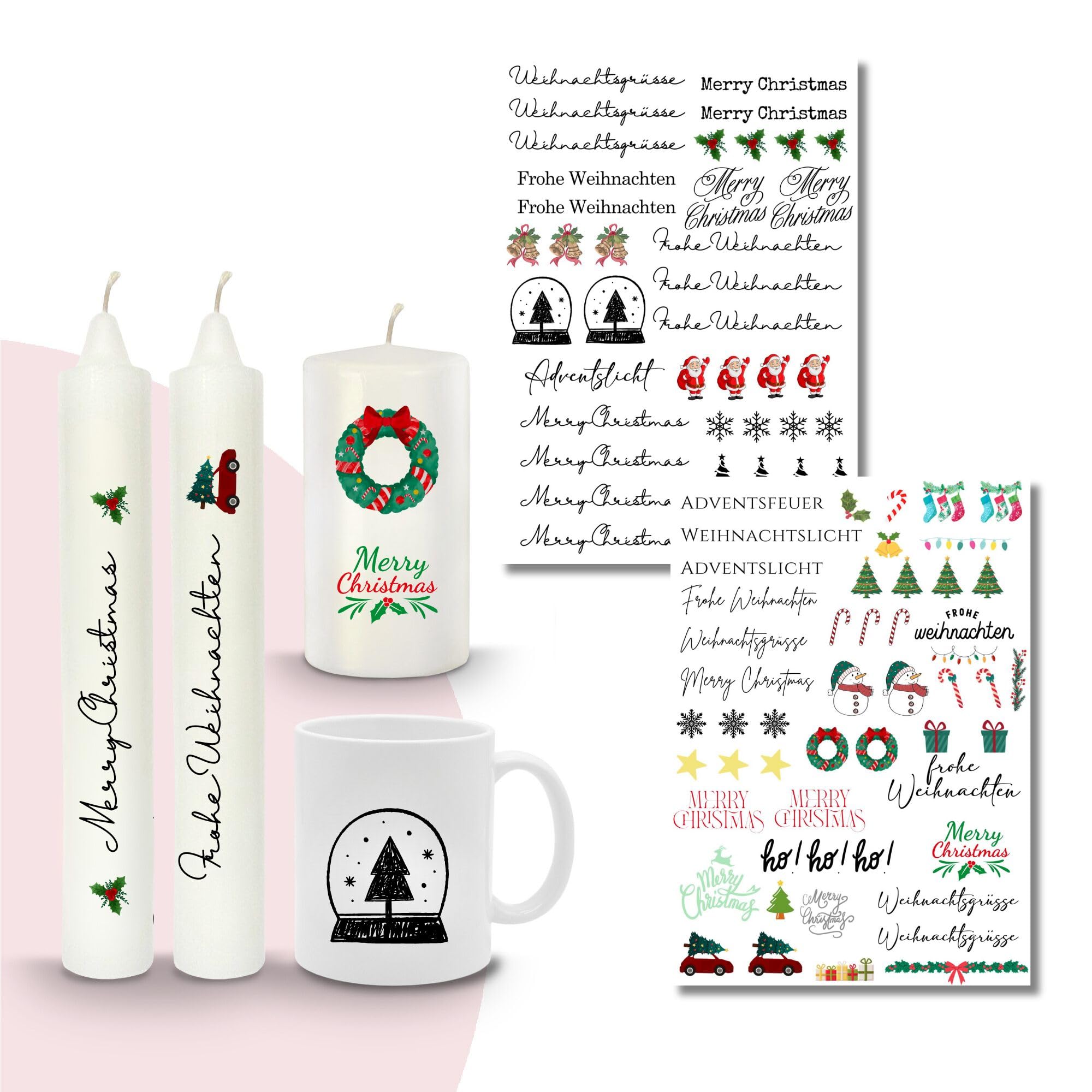 MilaBoo® Kerzentattoos 2x A4 I DIY Aufkleber für besondere Anlässe einfache Anwendung I Wasserschiebefolie für Kerzen I Premium Kerzenaufkleber (Weihnachten 2 A4)