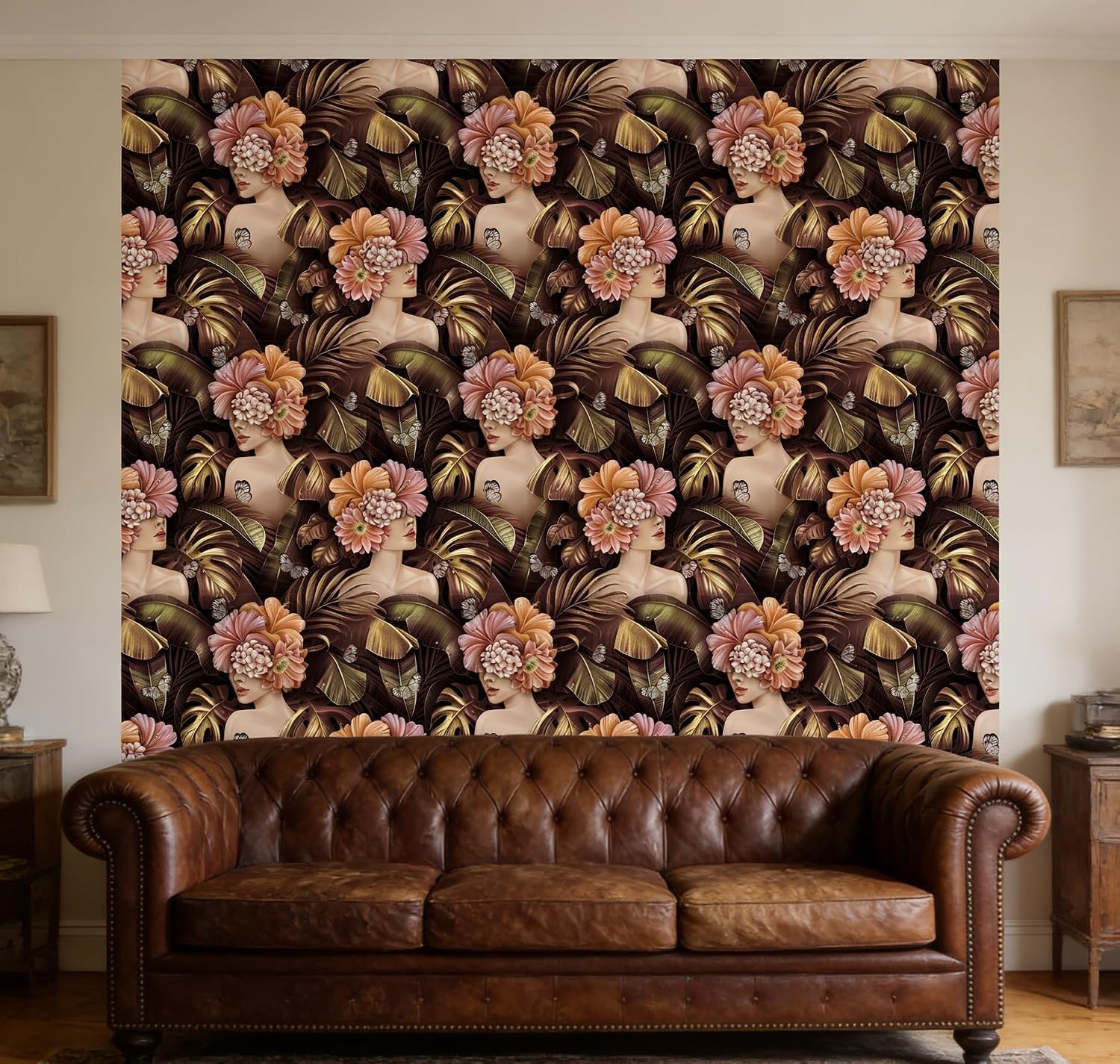 Dark Floral Peel and Stick Wallpaper, Vintage Art Deco Woman Flower Wallpaper, Removable Self Adhesive Contact Paper for Accent Wall Bedroom Living Room, 17.3" x 236.2"