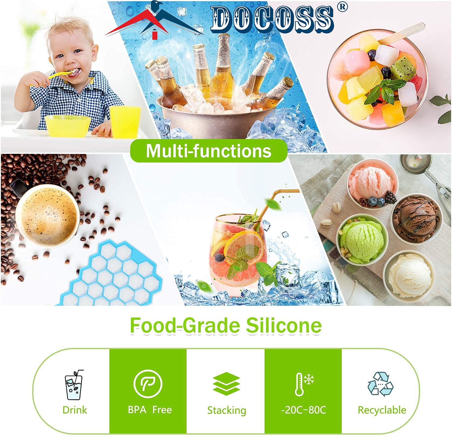 DOCOSS Paquete de 3 moldes de silicona para cubitos de hielo de alta calidad, bandeja de hielo de silicona de 37 cavidades para congelador, bandejas de cubitos de hielo con tapa (multicolor)