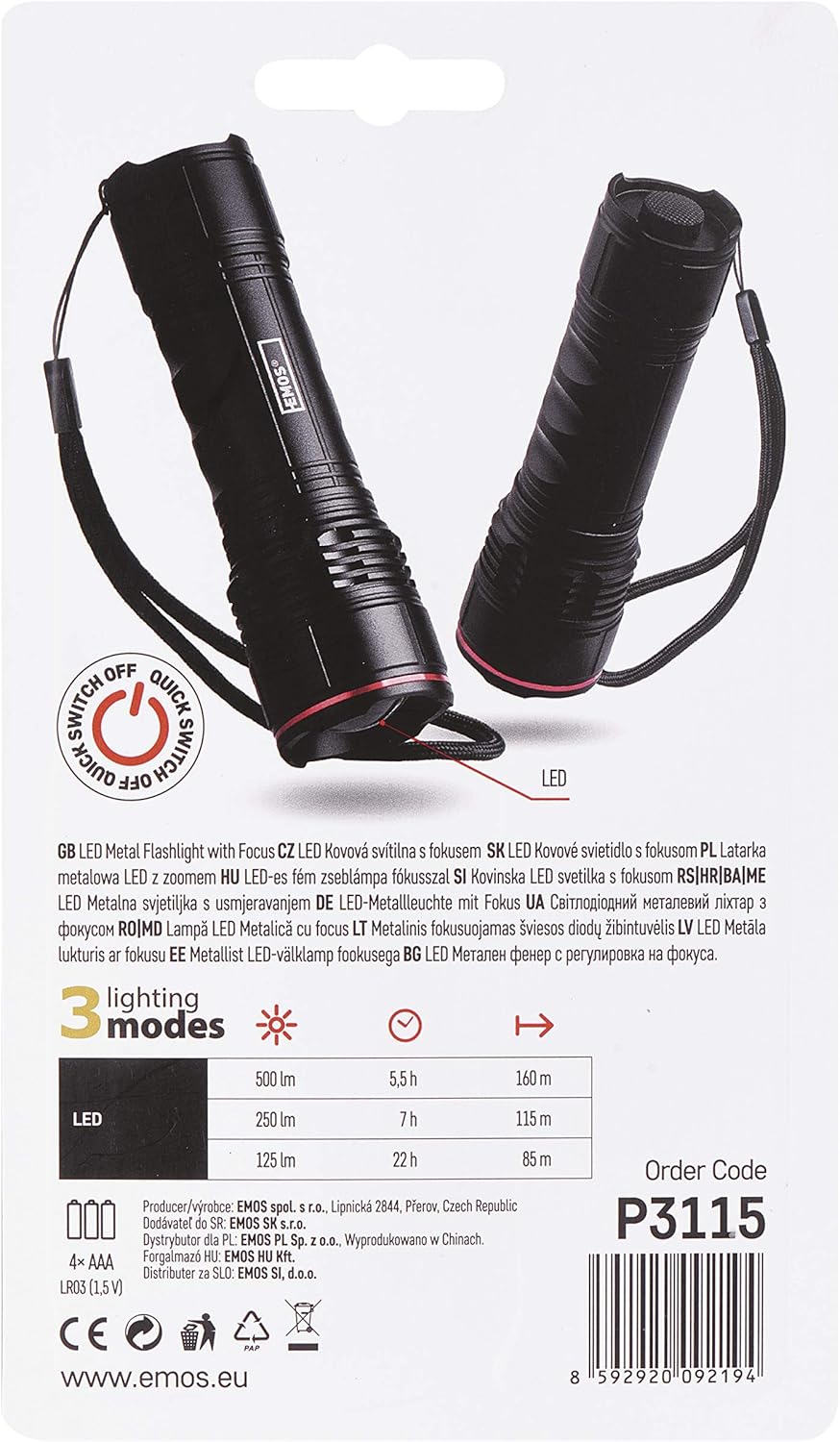 EMOS P3115 Focusable LED Metal Torch with Hand Strap, IP44 Ultralight Waterproof Handheld Lamp with 3 Light Modes - Image 5