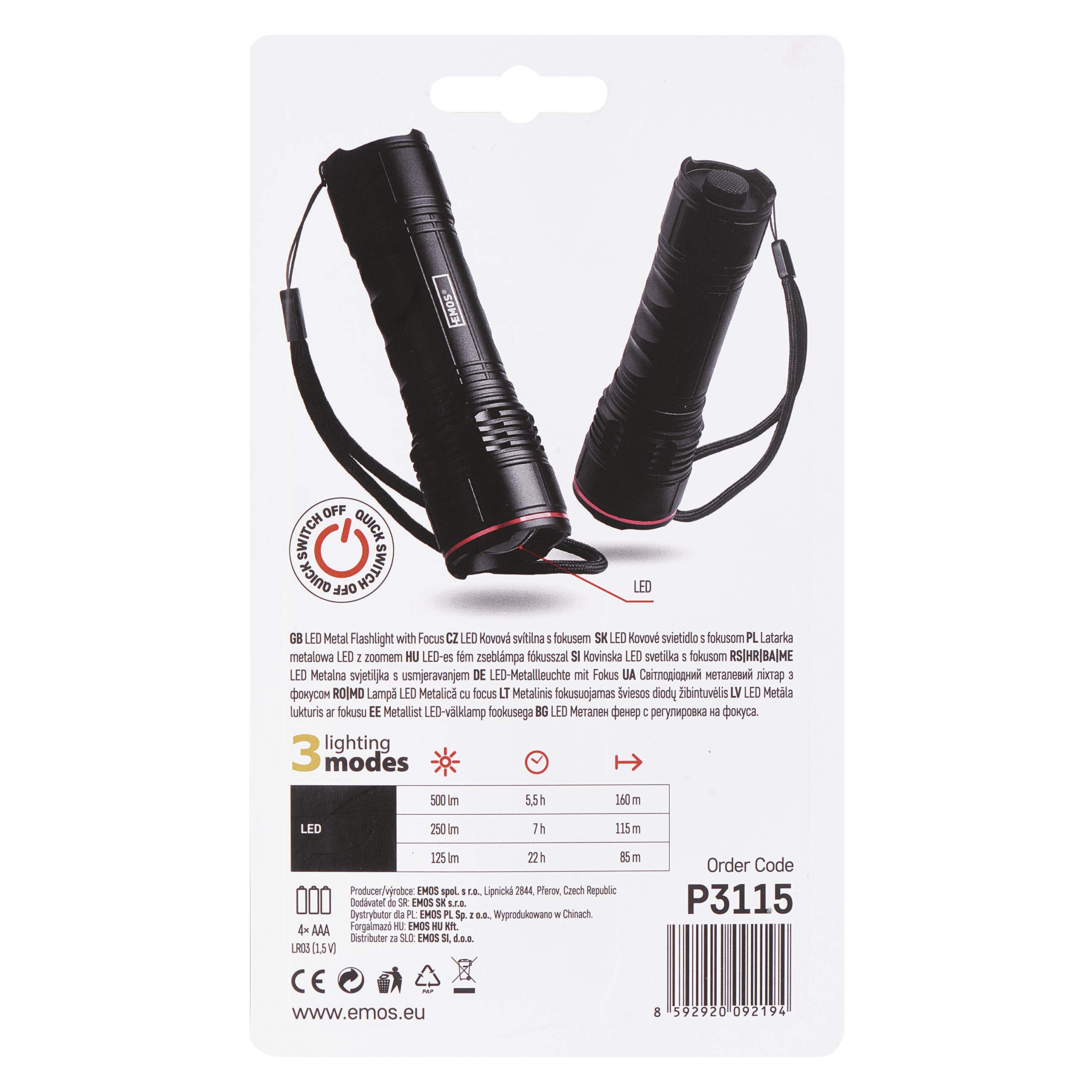 EMOS Torcia LED 270 Lumen, Metallo, Ricaricabile Con Clip E Magnete, Impermeabile IP44, 5 Modalità