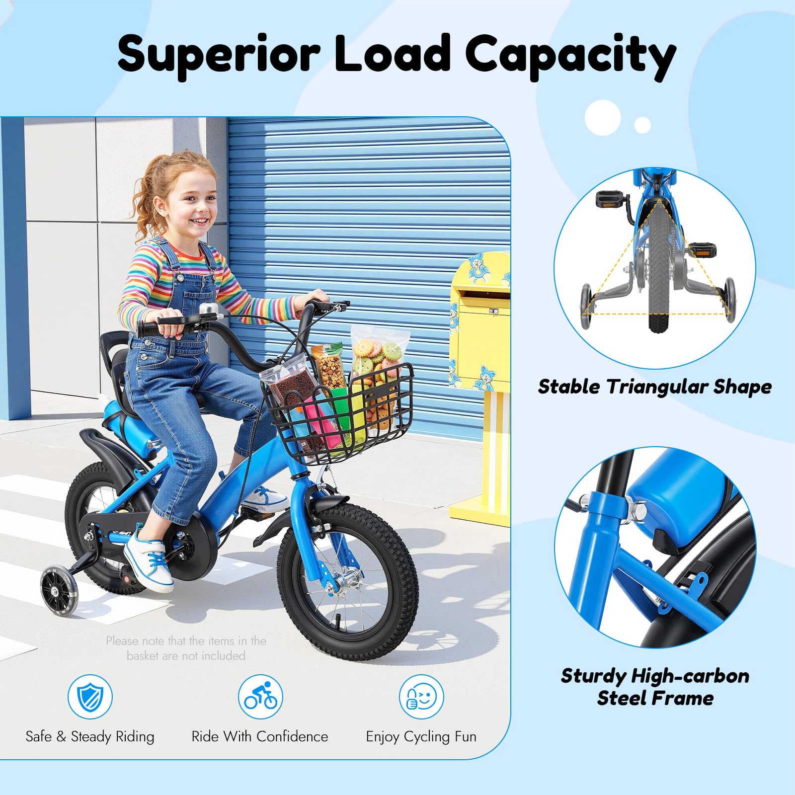 12 Zoll Kinderfahrrad, Höhenverstellbarer Sitz und Lenker, Kinder Fahrrad für 2-5 Jahre Upgraded Kinders Trainingsfahrrad mit Stützrädern, Korb & Wasserflasche Mädchenfahrrad Jungenfahrrad