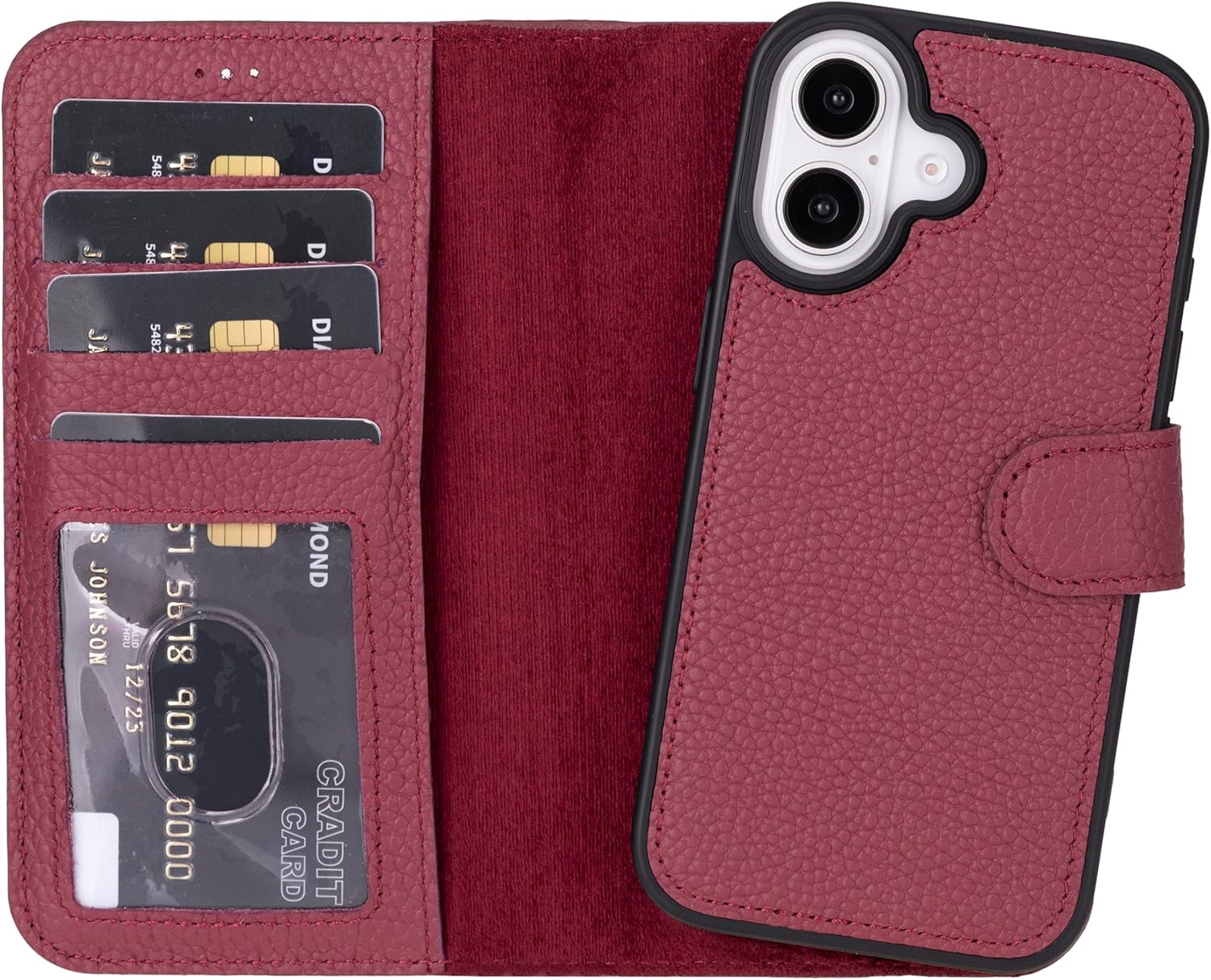 HARDISTON Compatible with iPhone 16 Wallet Case - MagSafe Compatible- Handmade Genuine Leather - Detachable Magnetic Flip Cover Card Holders - Customizable - Horizontal Kickstand (Burgundy)