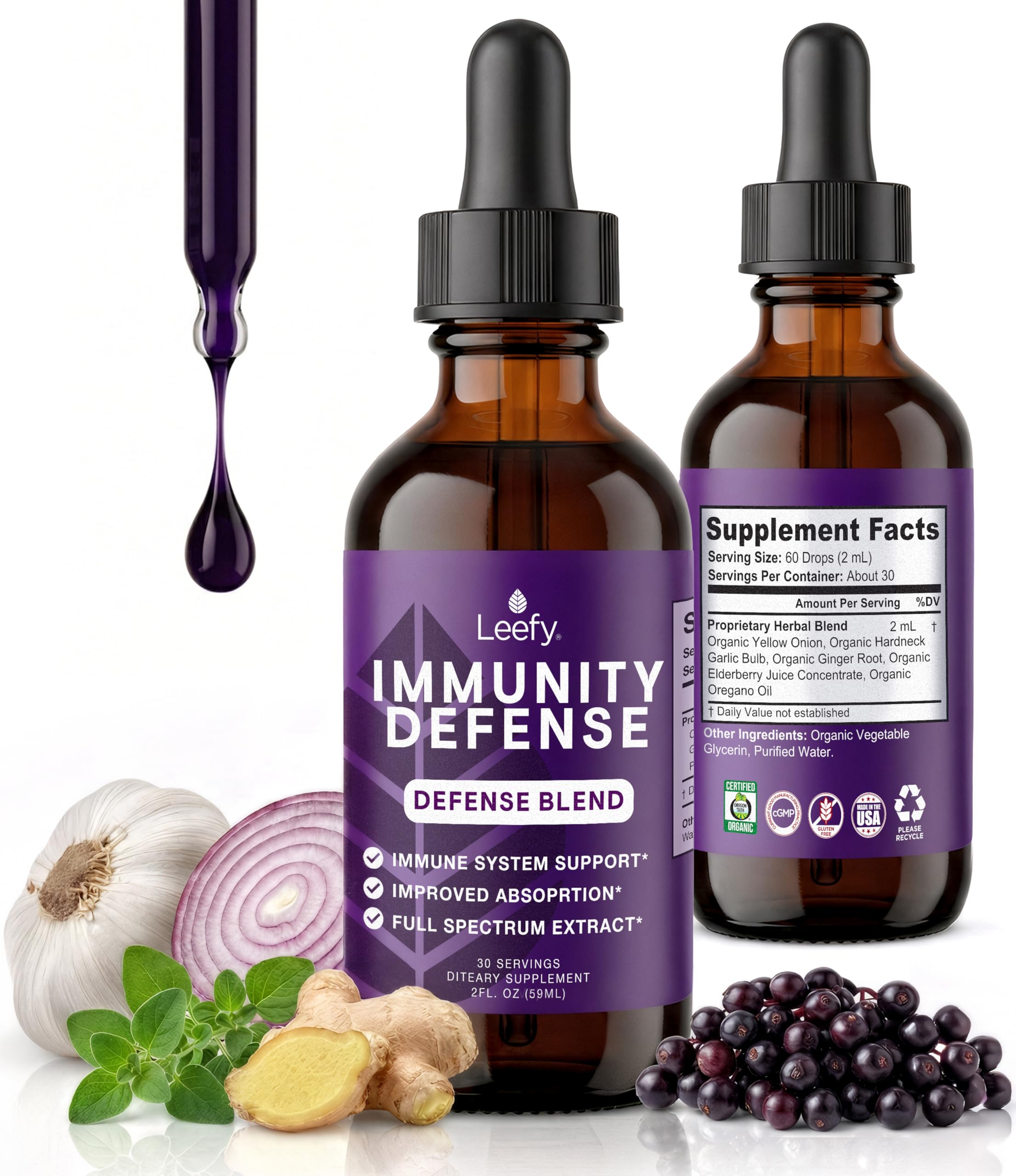 Leefy Organics Natural Immune Support Supplement – Liquid Herbal Immunity Drops with Organic Elderberry, Garlic, Oregano Oil – Fast-Absorption Tincture for Adults, Teens & Kids – 30 Servings