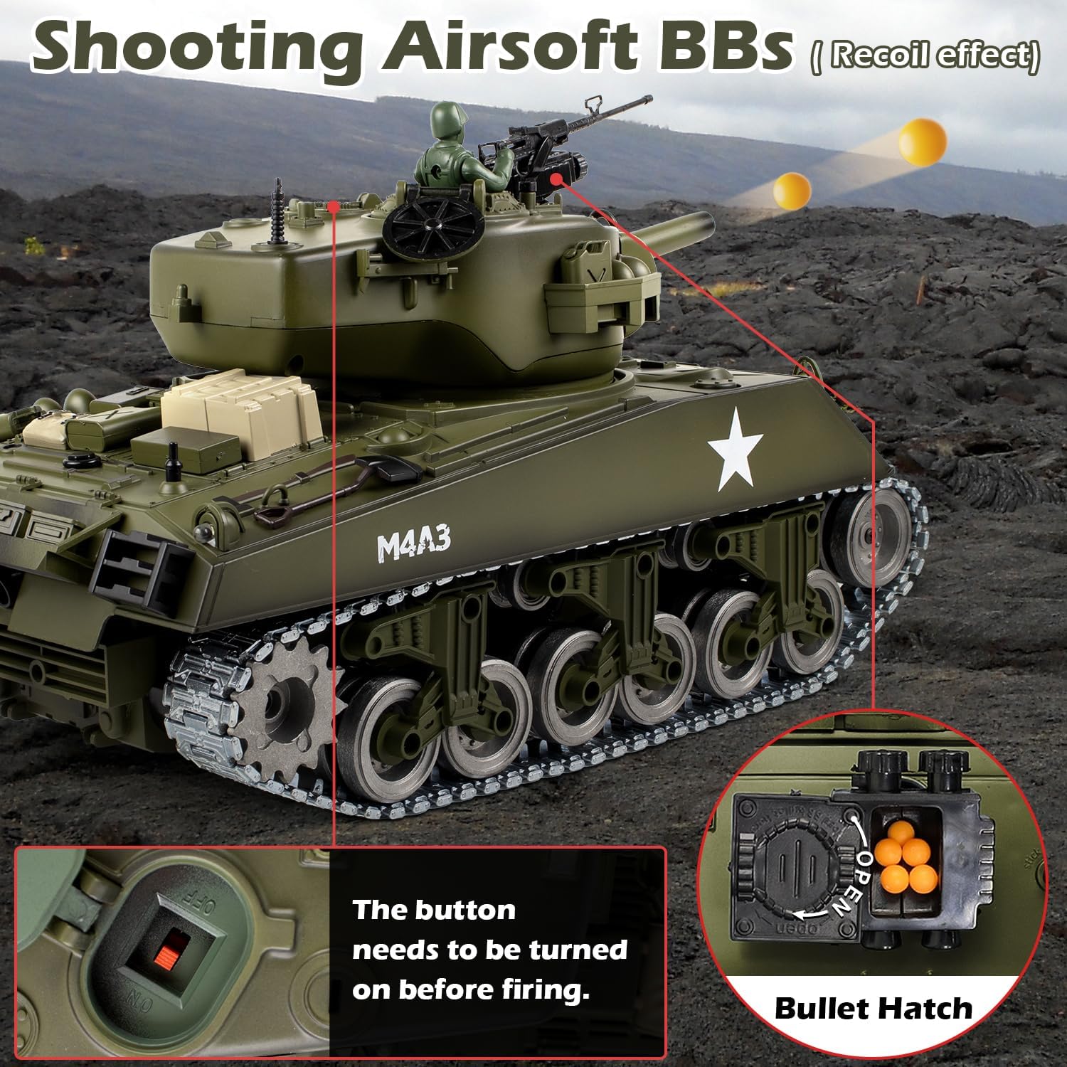 1:18 RC Tank for Adult and Kid, 2.4G US M4A3 Sherman Alloy Metal Tracks Model Toys, RC Vehicle Tank That Shoots BBS with Smoke, Lights, Sound, Military Army Toys with 2 Rechargeable Battery