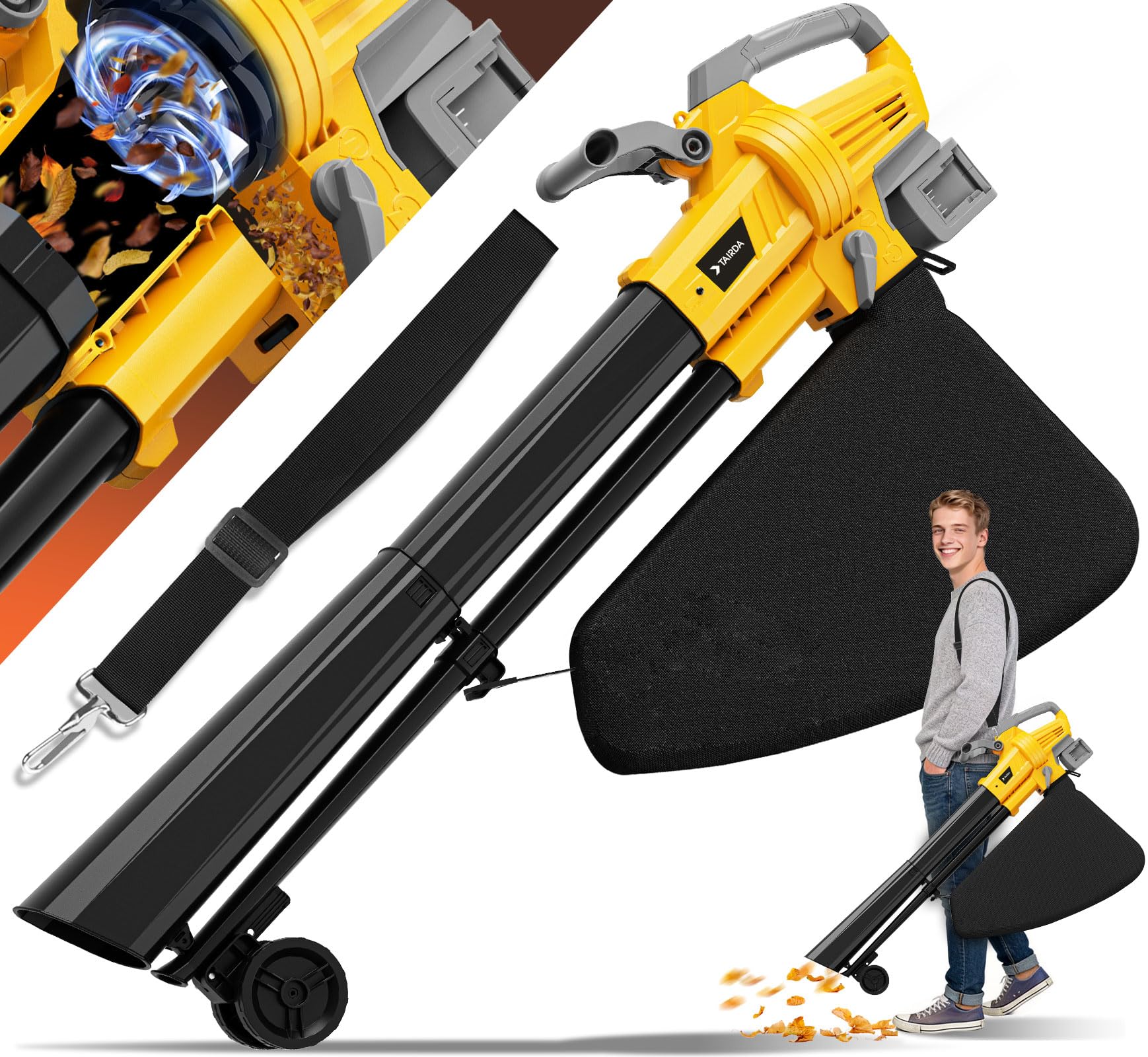 Soplador de hojas al vacío compatible con batería Dewalt de 20 V (sin batería), soplador de hojas eléctrico inalámbrico 3 en 1 con bolsa de recolección de 40 L, modo turbo para una limpieza