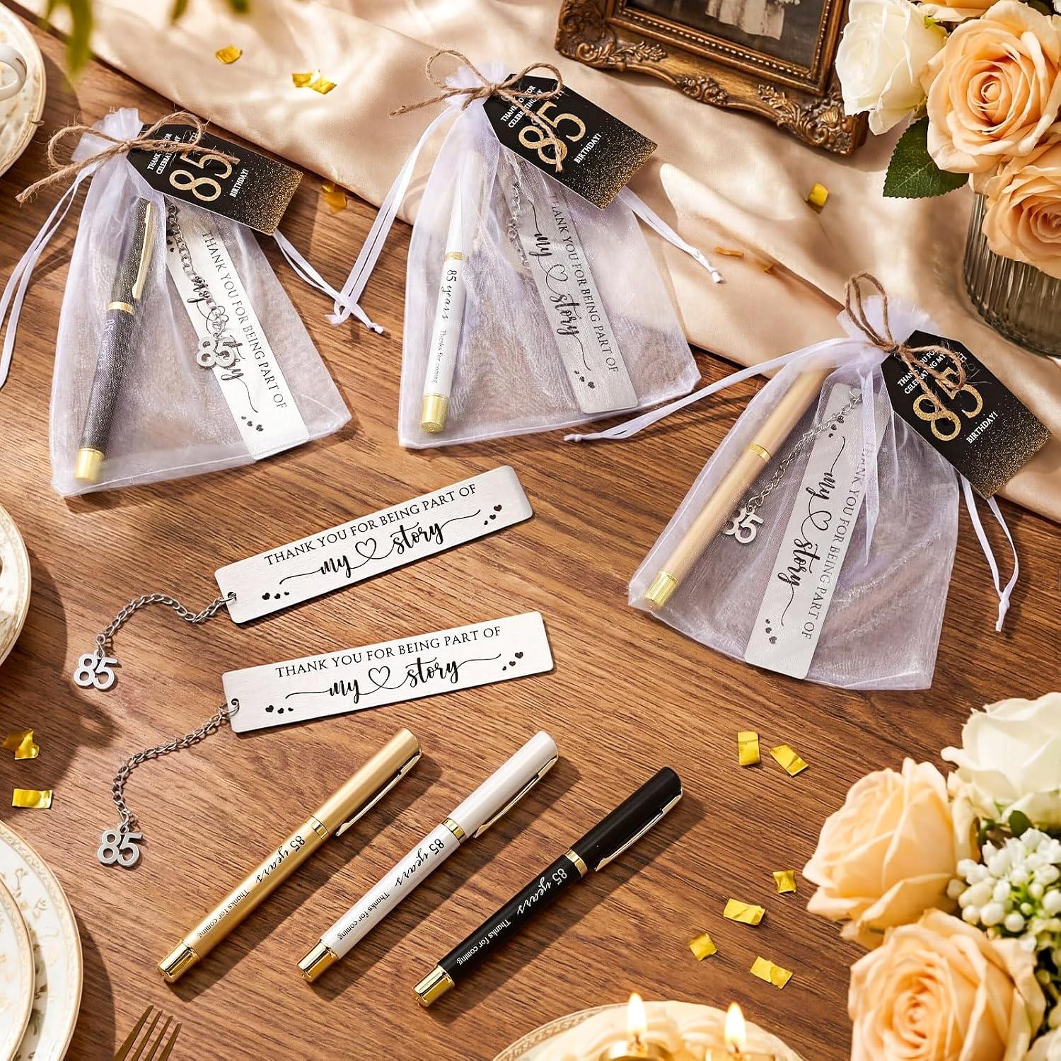Sinload 25 Sets Birthday Favors for Guests 25 Thanks for Coming Ballpoint Pens 25 Metal Bookmarks 25 Cards with Organza Bag for Adult Birthday Anniversary Party Souvenir(85th)