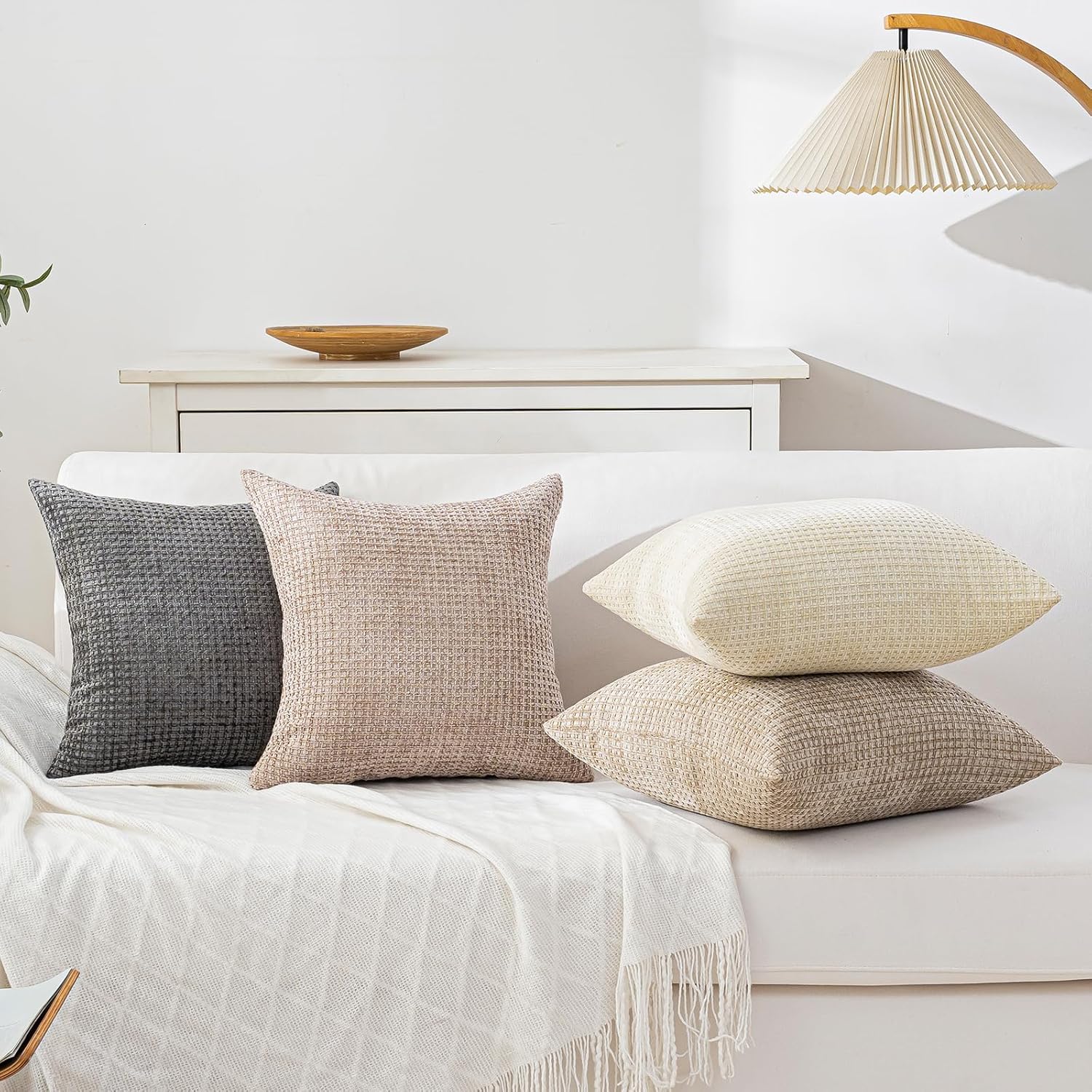 Pack of 4 Throw Pillow Covers 20x20 inch Neutral Boho Cushion Covers Decorative Farmhouse Pillow Covers for Couch Bed Sofa Living Room Home Decor Soft Square Pillowcase