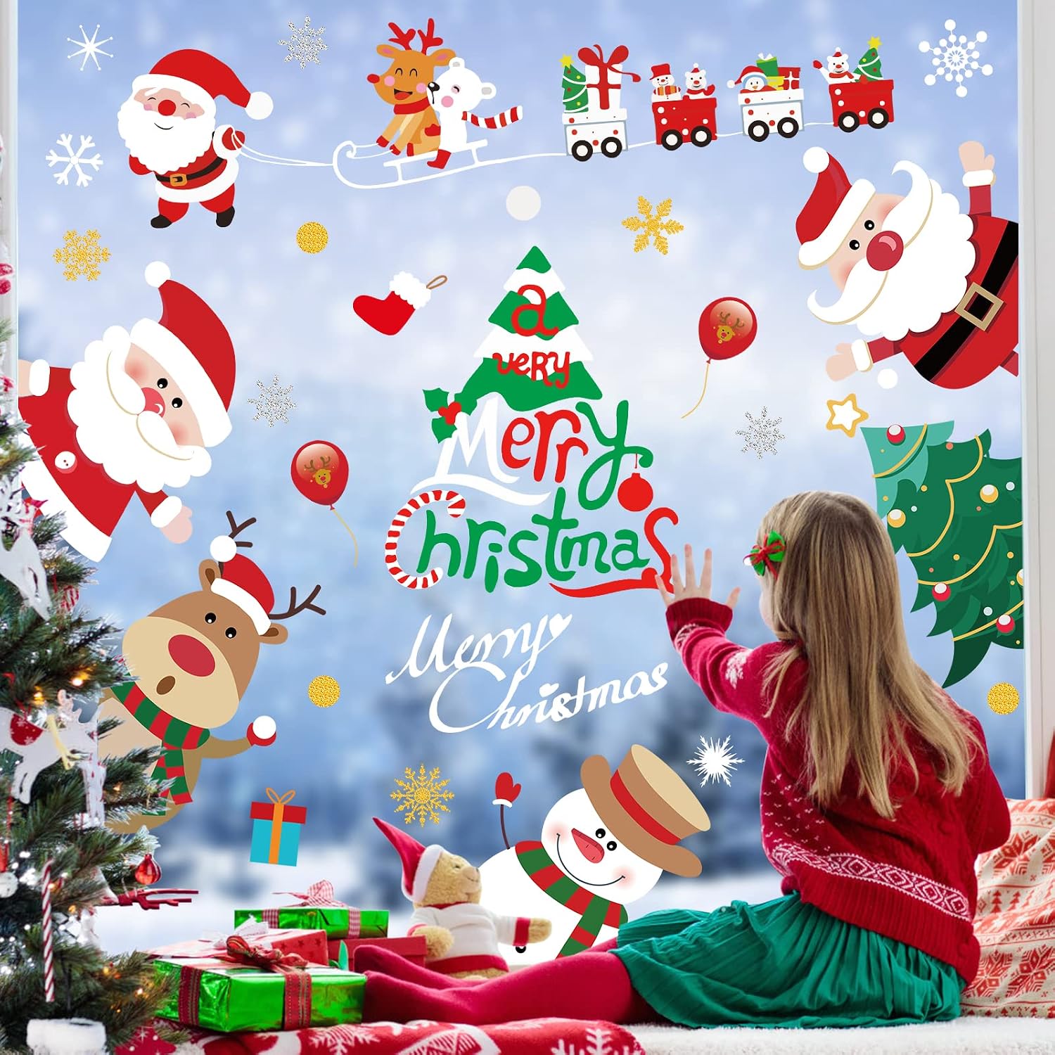 Christmas Window Decorations 266 PCS 10 Sheets Snowflake Window Clings 2023 Xmas Ornaments Decor Stickers Indoor Glass Cartoon Pattern Party Supplies Gifts Tree Glitter Removable Santa Snowman Decals