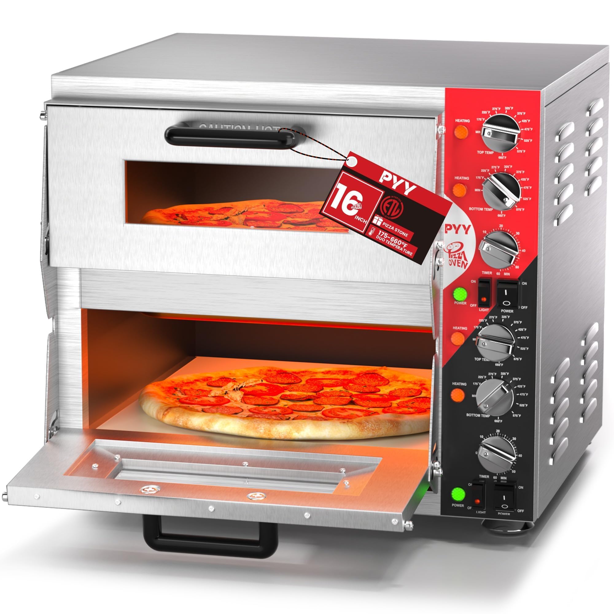 PYY 16 Inch Indoor Pizza Oven Countertop - Double Decker Electric Pizza Ovens with Pizza Stone, 60-Min Ring Timer, for Home and Restaurant, 3200W, ETL Listed