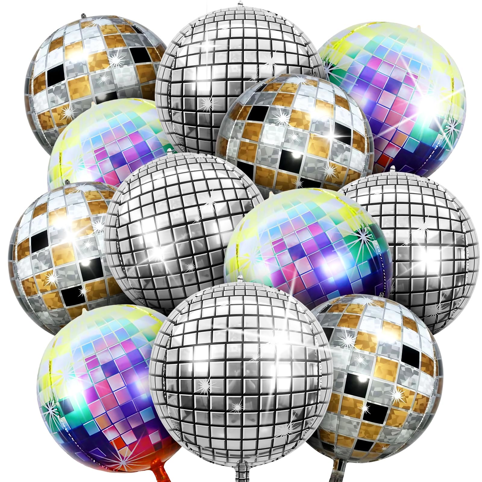 12PCS Disco Ball Balloons, 22 Inches Helium 4D Colorful DiscoBall Party Balloon, Shiny and Unique, Used for Birthdays, Bachelor Parties, 70s 80s 90s DiscoPrarty Dcreation