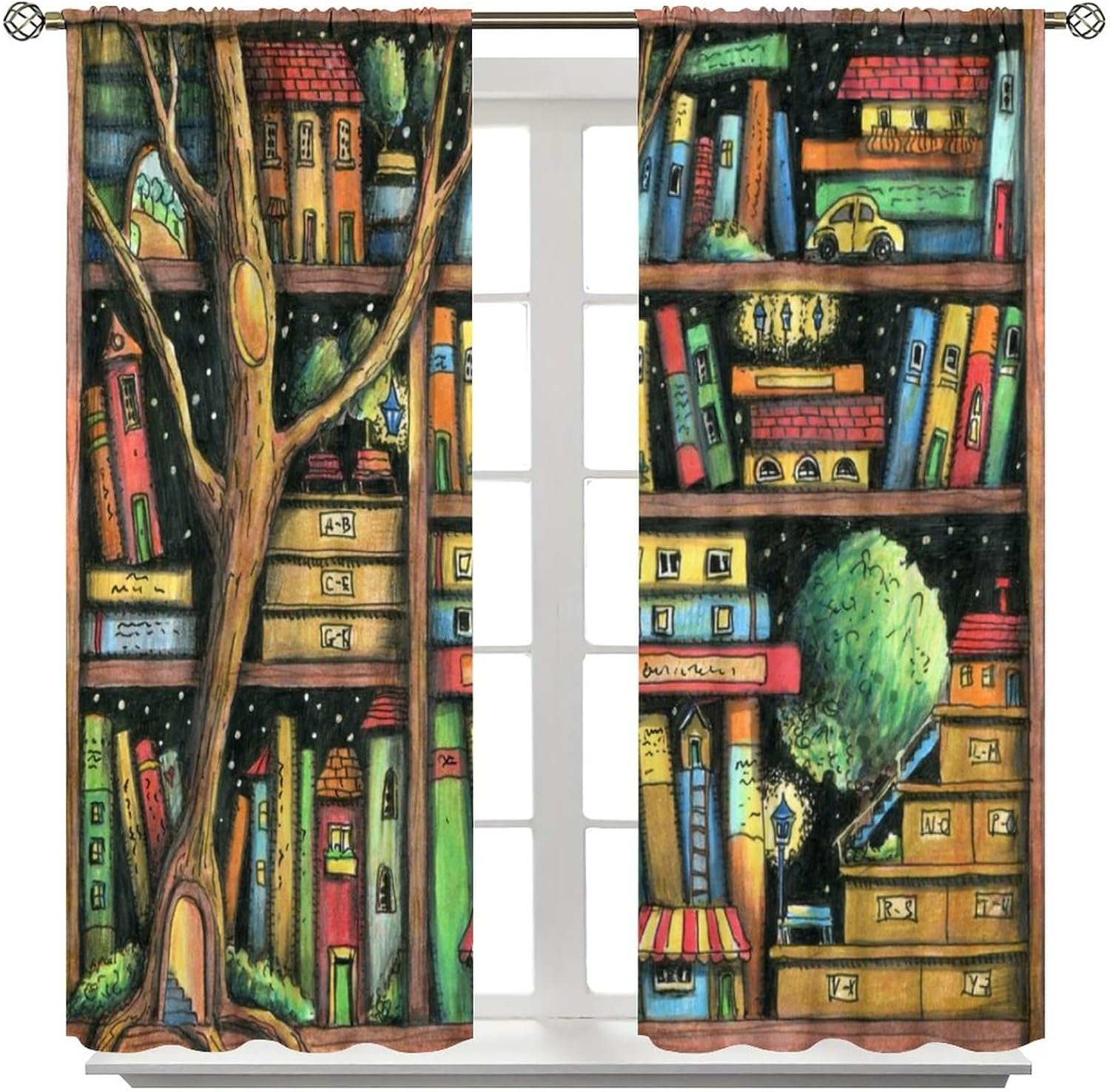 Bookshelf Curtains for Study School Library Reading Room Bedroom Book Rod Pocket Blackout Window Treatment Cartoon The Tree Home Decor Window Drapes 42x45in