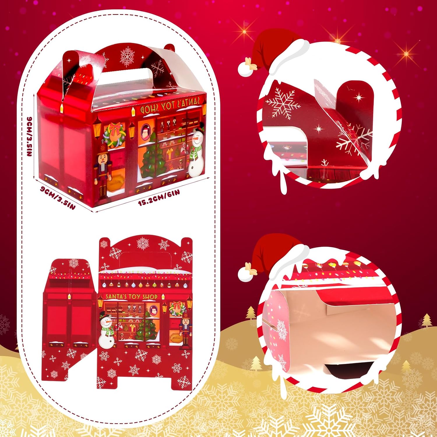 24-Pack Christmas Gift Boxes with Handle,Santa Snowman Tree Pattern Party Favors Treat Candy Cookie Boxes for Xmas Decorations and Party Supplies(5.9 x 3.5 x 5.5 Inch) - Image 2