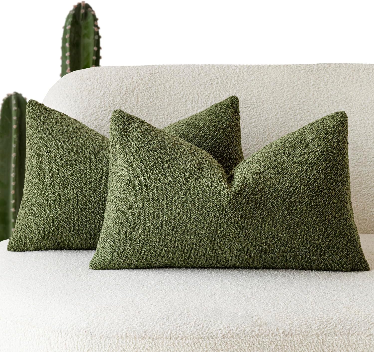 FoindtowerPack of 2 Modern Textured Boucle Throw Pillow Covers Accent Solid Decorative Lumbar Pillow Cases Cozy Couch Cushion Case for Chair Sofa Bedroom Living Room Home Decor, 12 x 20 Inch,Green
