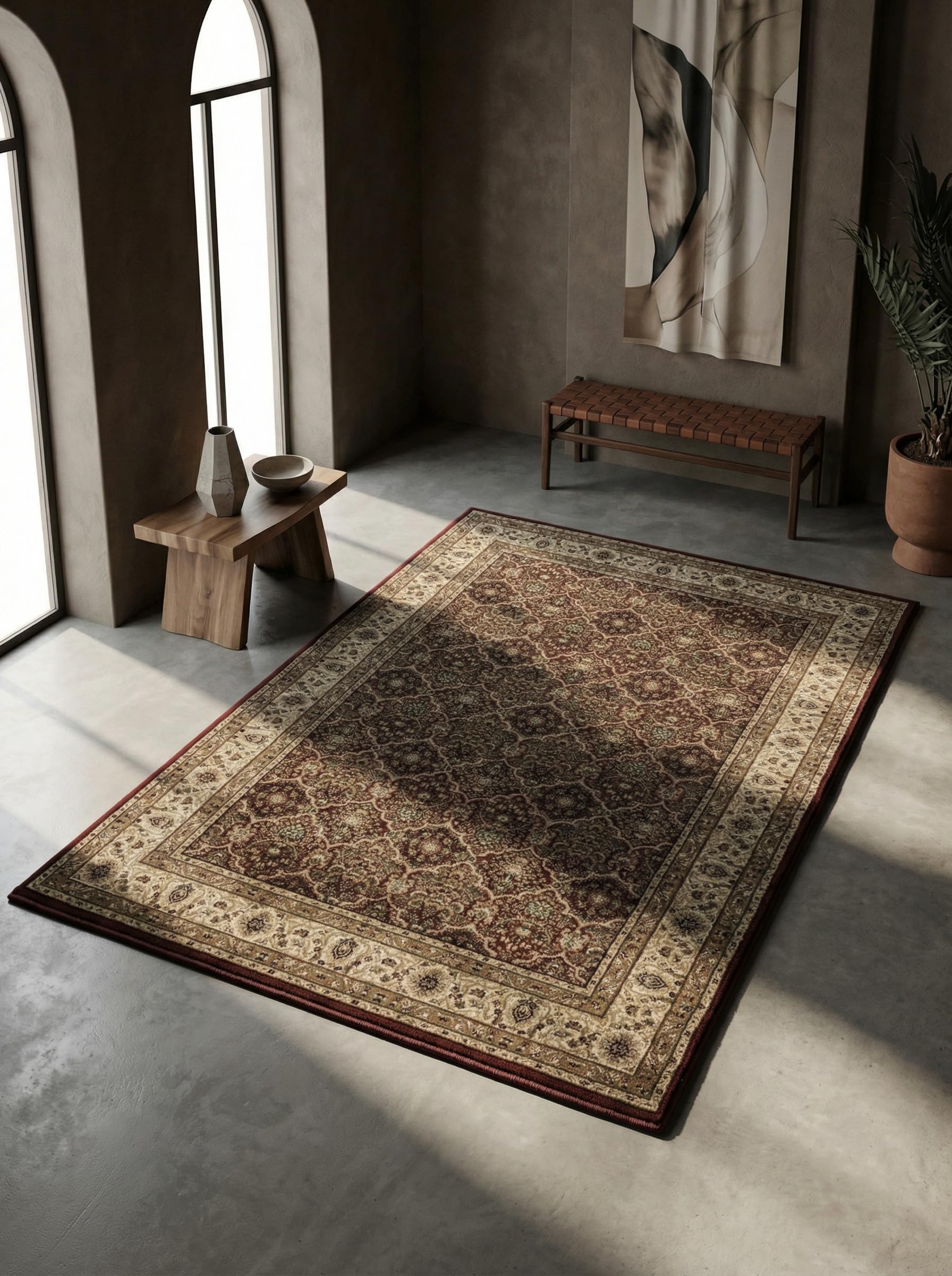 Tapis oriental rouge antidérapant et plat pour résoudre les sols glissants