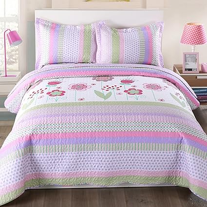 MarCielo 3 Piece Kids Bedspread Quilts Set Throw Blanket for Teens Girls Bed Printed Bedding Coverlet, Full Size, Purple Floral Striped (Full)