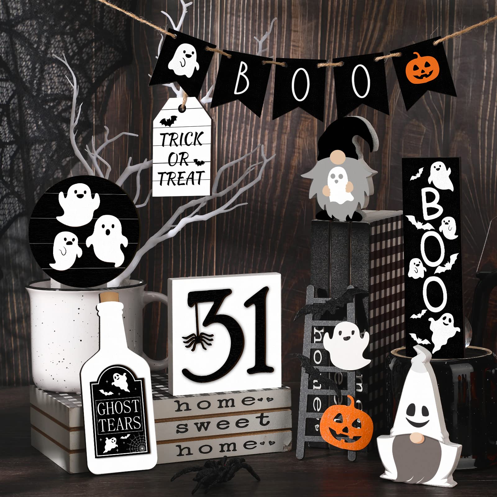 Primitive Halloween-Geister Auf Holzständern – Set Mit 3 Stück Für Gruselige Tischdeko