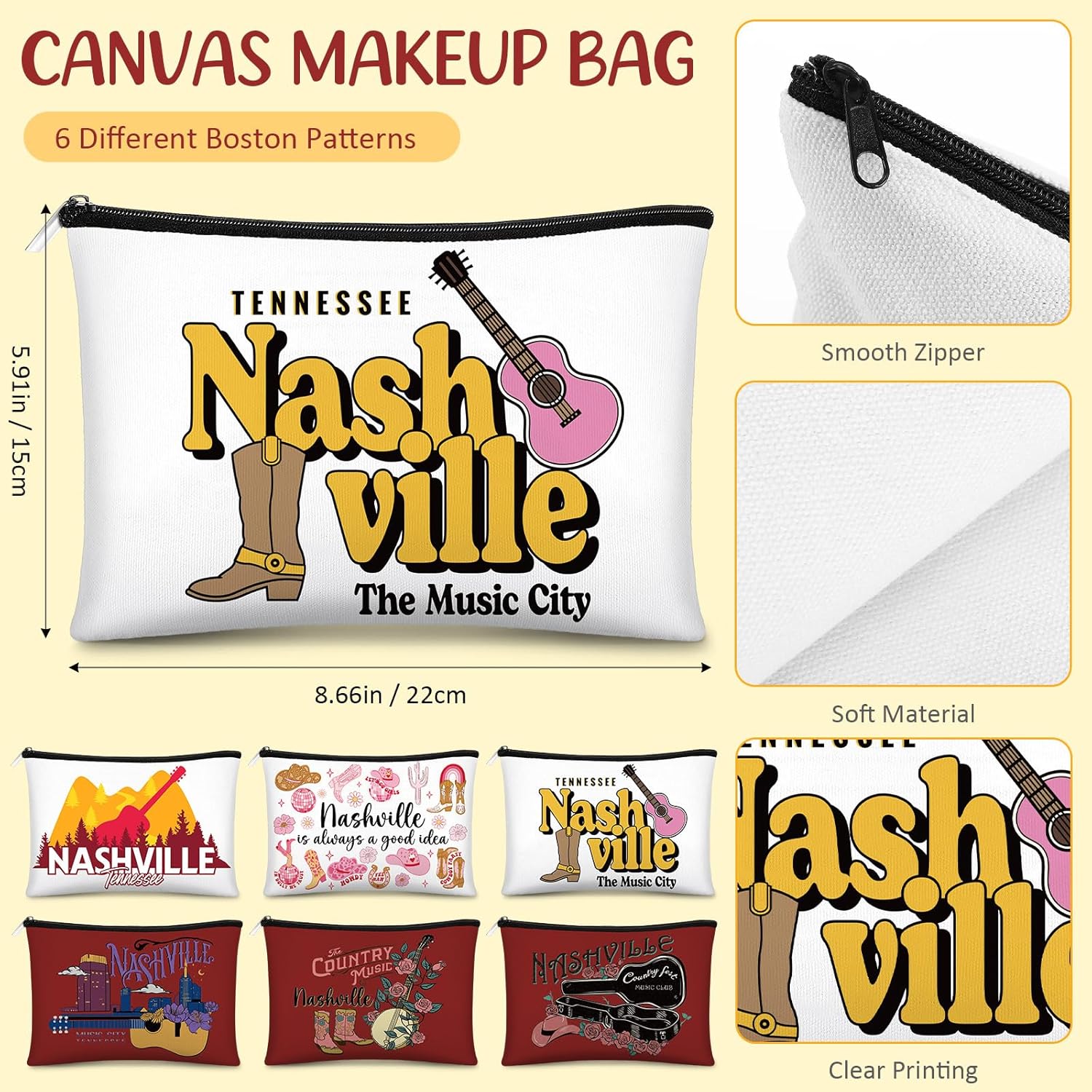 Reginary 6 Pcs City Cosmetic Bag Souvenir Gifts New York Zipper Pouch Chicago Souvenir Seattle Boston Nashville London Paris Italy Alaska Gifts Memento for Women Traveler(Nashville) - Image 2