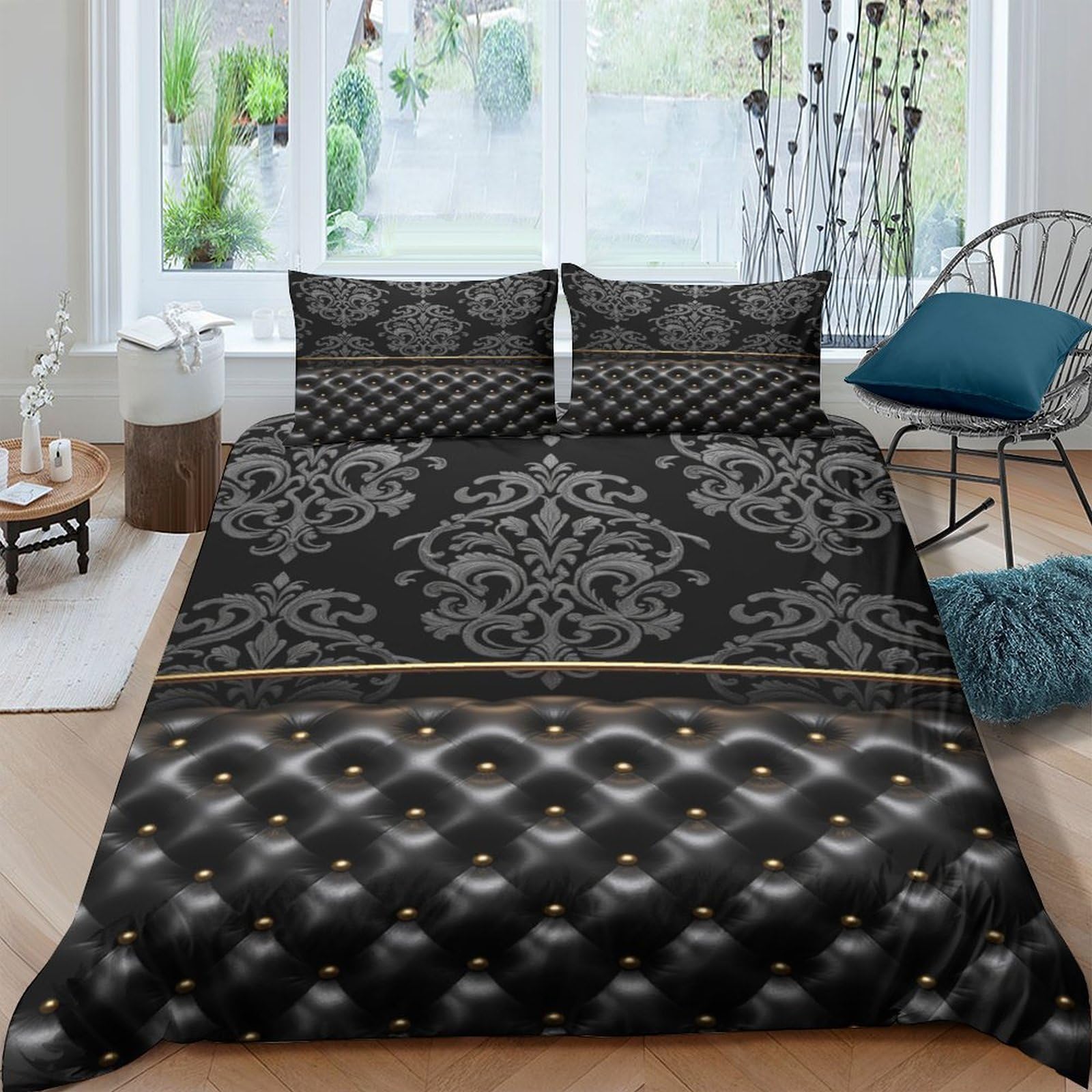 GPLZQXKJNH 3D Printed Baroque Black Gold Duvet Cover Microfiber Soft Quilt Cover Set with 2 Pillowcases for Bedroom Decor Single（135x200cm）