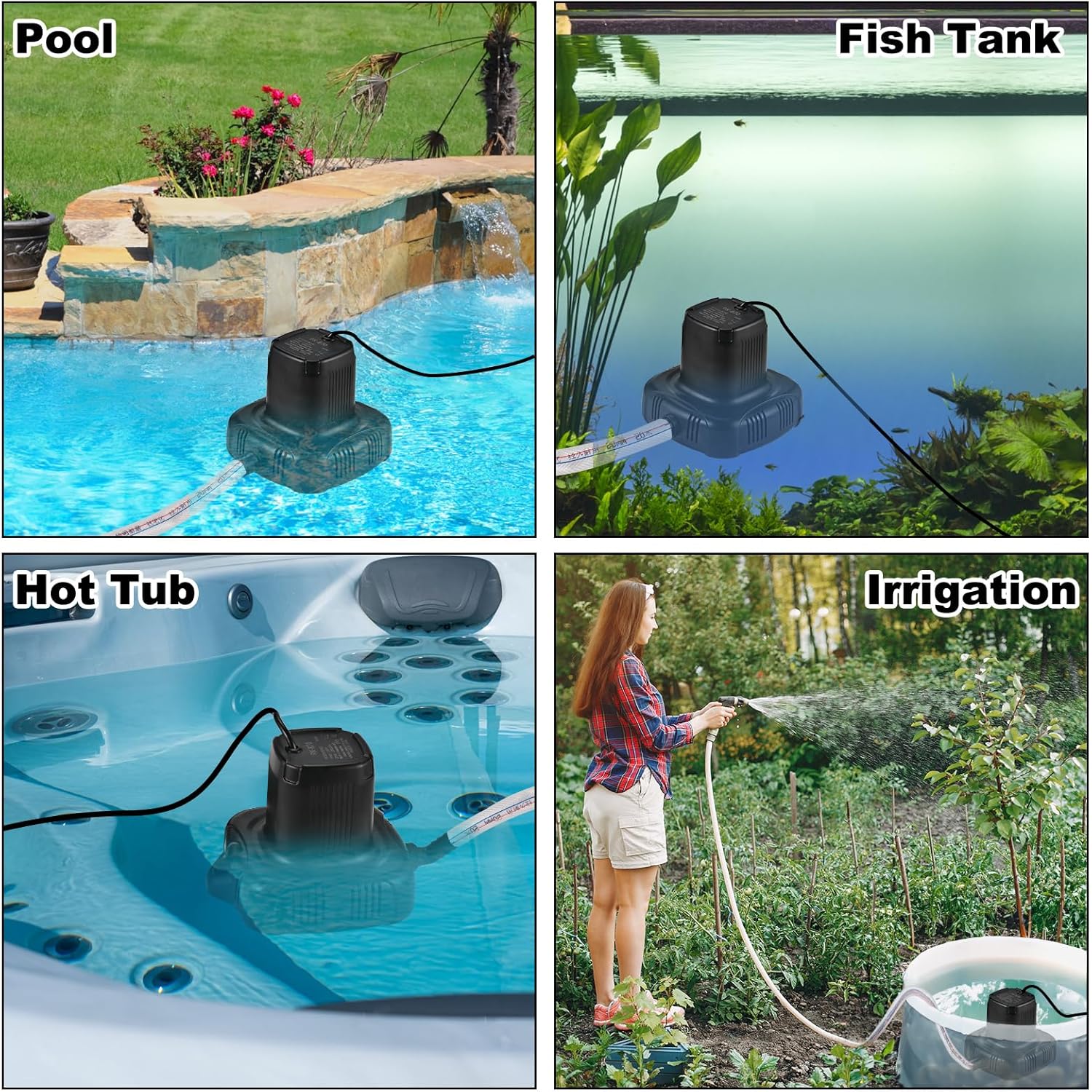 Tigvio Submersible Pool Cover Pump - 1350 GPH 1/5 HP 140W & 4 Adapters Above Ground Swimming Water Removal with 16.4ft Hose & 25ft Cord. Automatic Sensor for Basements, Fountains, Hot Tubs, Ponds