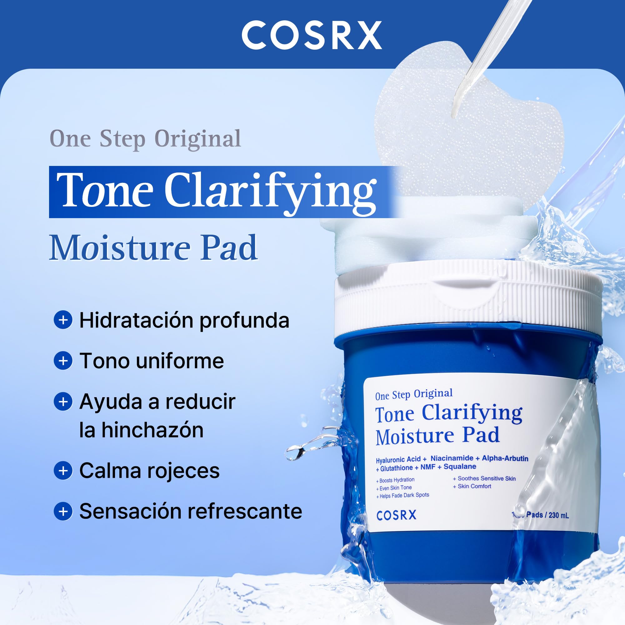 COSRX OneStep Original Tono Clarifying Moisture Pad, 100 almohadillas, Daily Toning Pad for Skin Texture & Hydration & Evening Skin Tone with Arbutin, Glutatione & 12 Hyaluronic Acids, Korean Skin