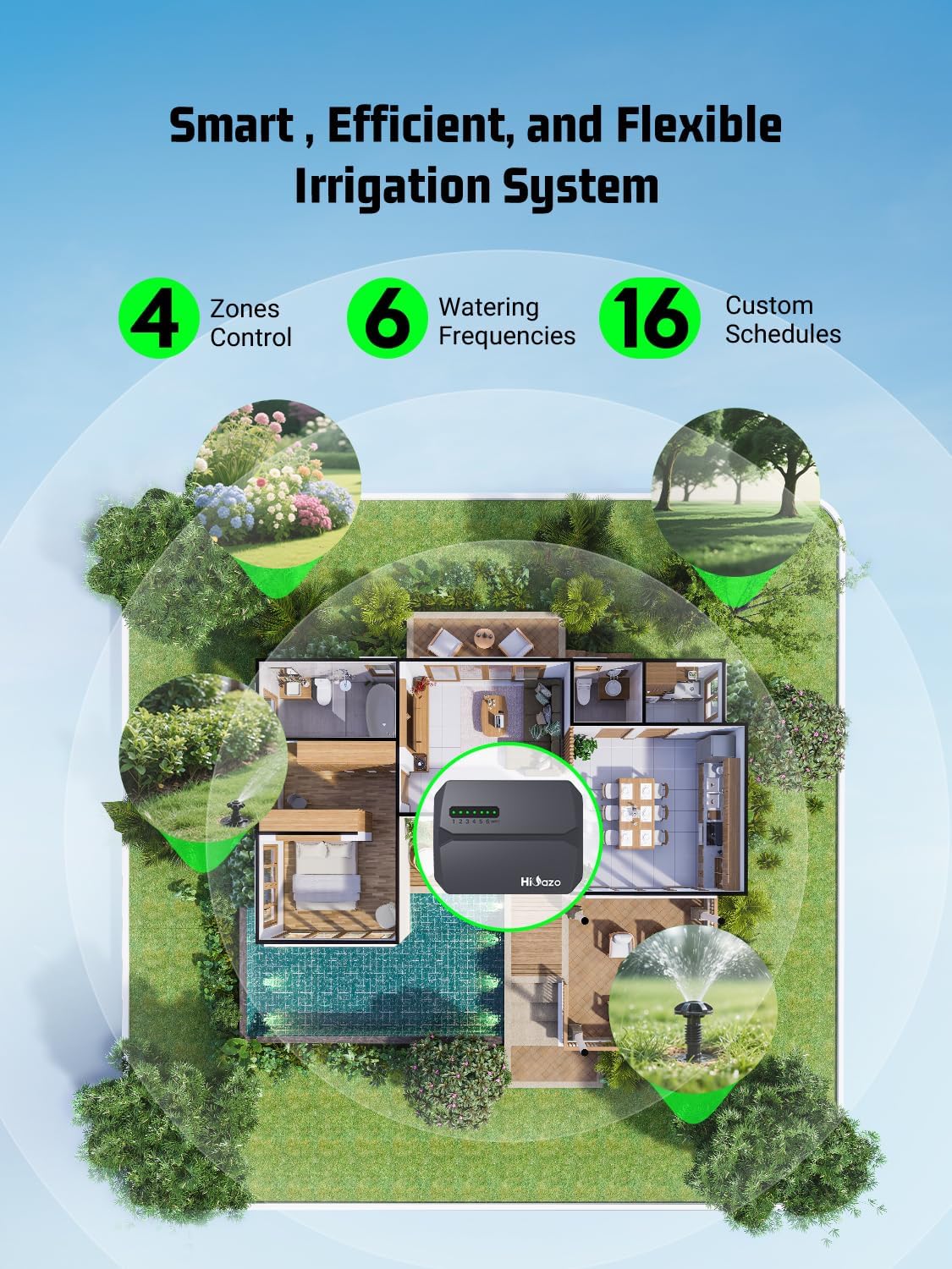 Overhead view of a house and garden with 6 distinct watering zones highlighted