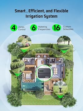 Indoor Smart Sprinklers Controller WiFi, Irrigation Controller Easy Use App Enabled, 6 Zone + 16 Plans, Save Water Auto Skip Rain, Freeze & Wind, 10 Minutes Install