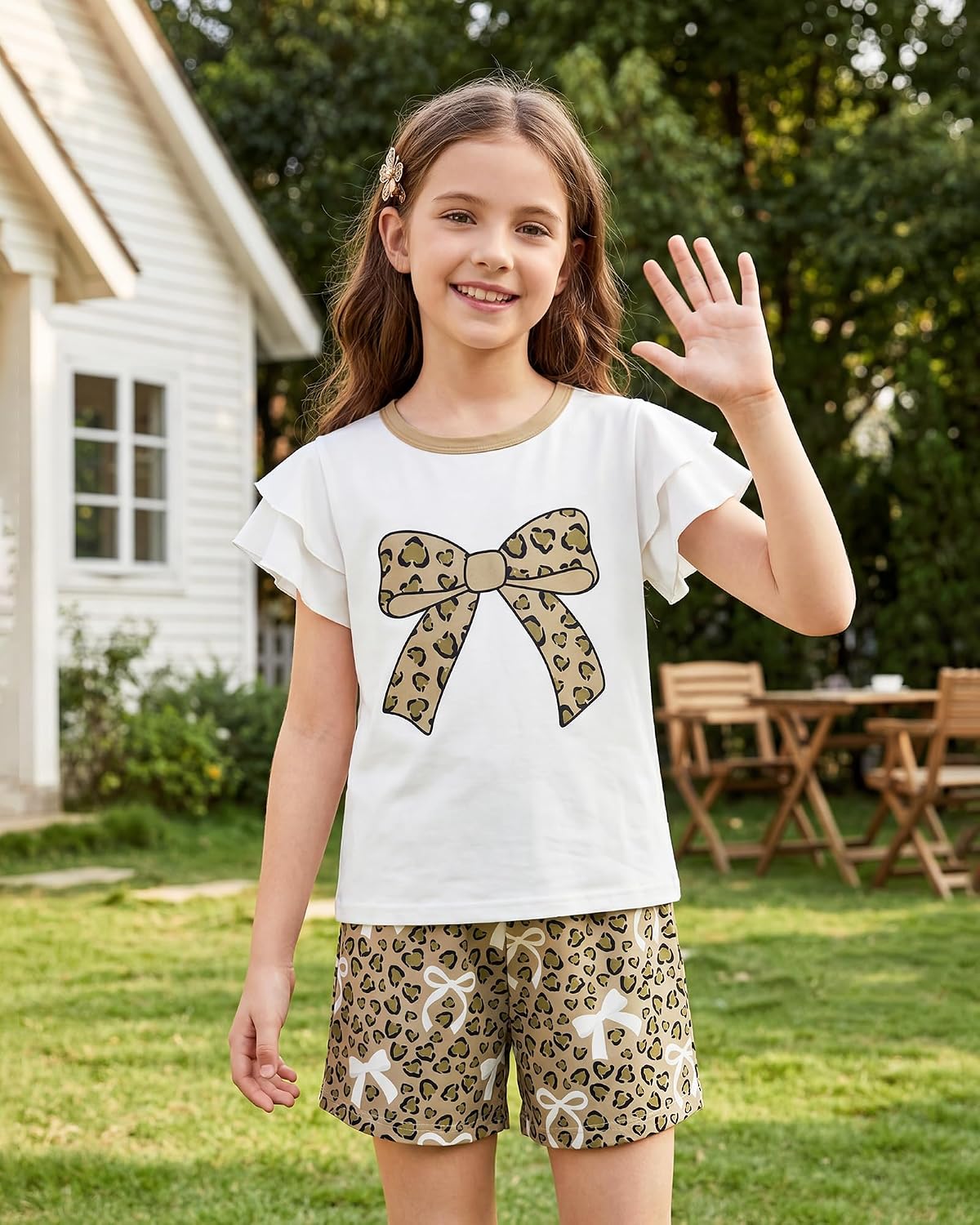 Girls Summer Outfits 2 Piece Clothes Kids Ruffle Short Sleeve T Shirt and Elastic Waist Shorts Sets with Pockets