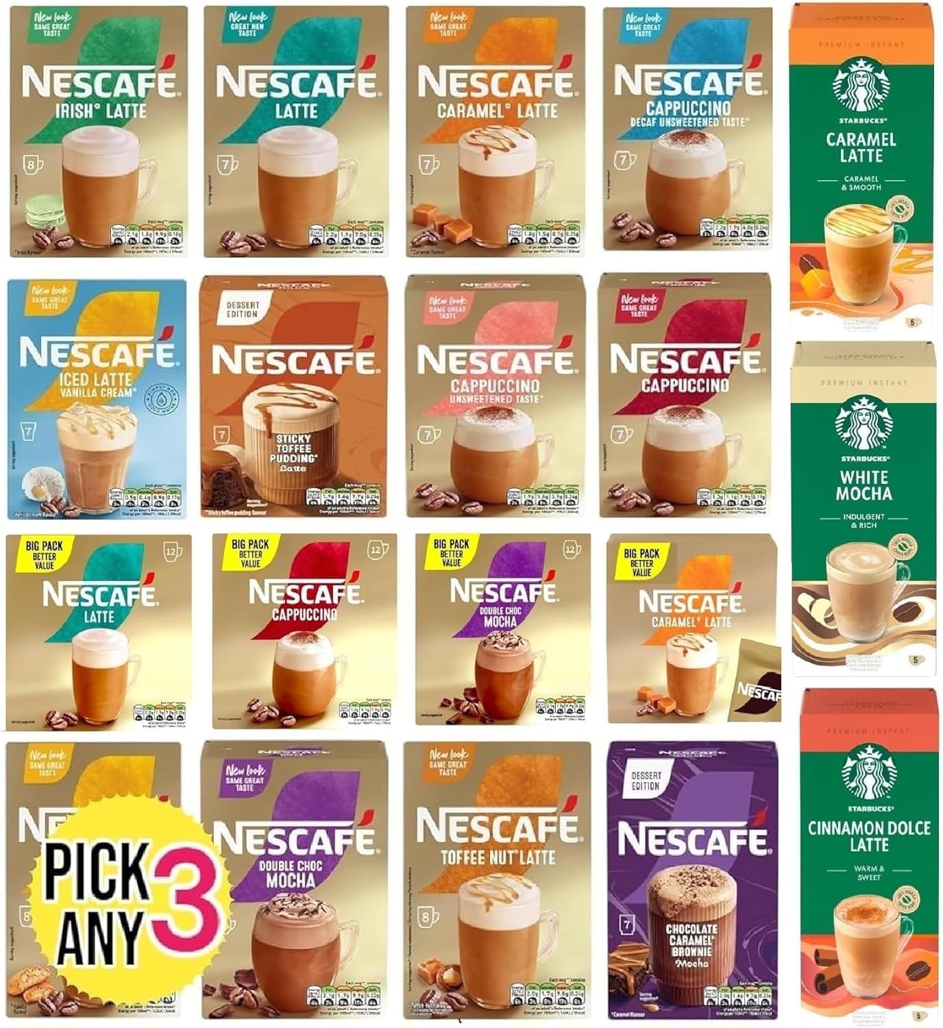 NESCAF GOLD Frothy Instant Coffee Sachets - Pick Any 3 Packs: Mixed Coffee Flavors (Coconut, Salted Caramel, Mocha, Almond, Vanilla) - Medium Roast - 13.1219 Ounce (3 Packs)