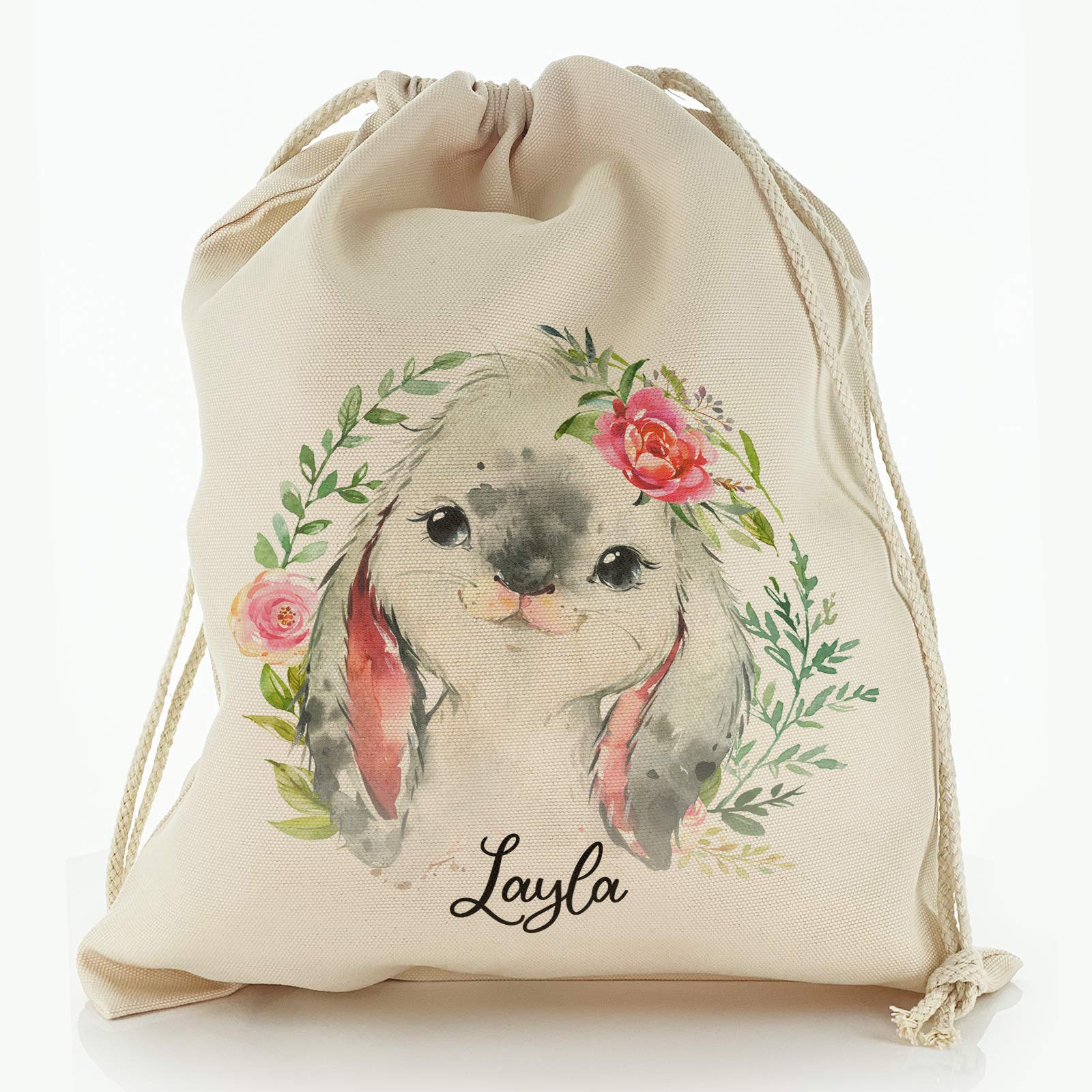 Personalised Bag, Birthday Gift Bag Customised with Initial/Name/Text, Rabbit Flower Wreath Design, Storage Bag, Drawstring Top Sack, Sizes: XXS, XS, S, M, L, XL