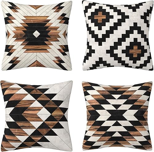 Miniatura 10 de Juego de 4 fundas de almohada decorativas a cuadros de búfalo blanco y negro para interiores y exteriores, funda de almohada para sofá de 18 x 18