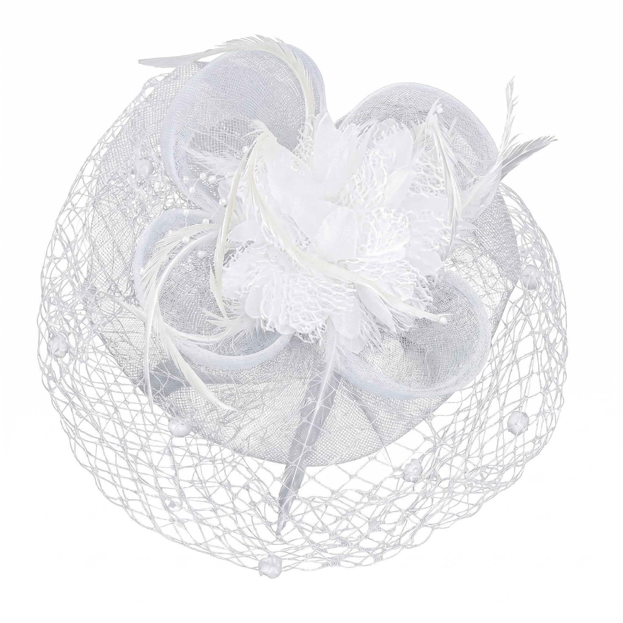 Tocado con velo para mujer con diadema de plumas y flor para bodas 8