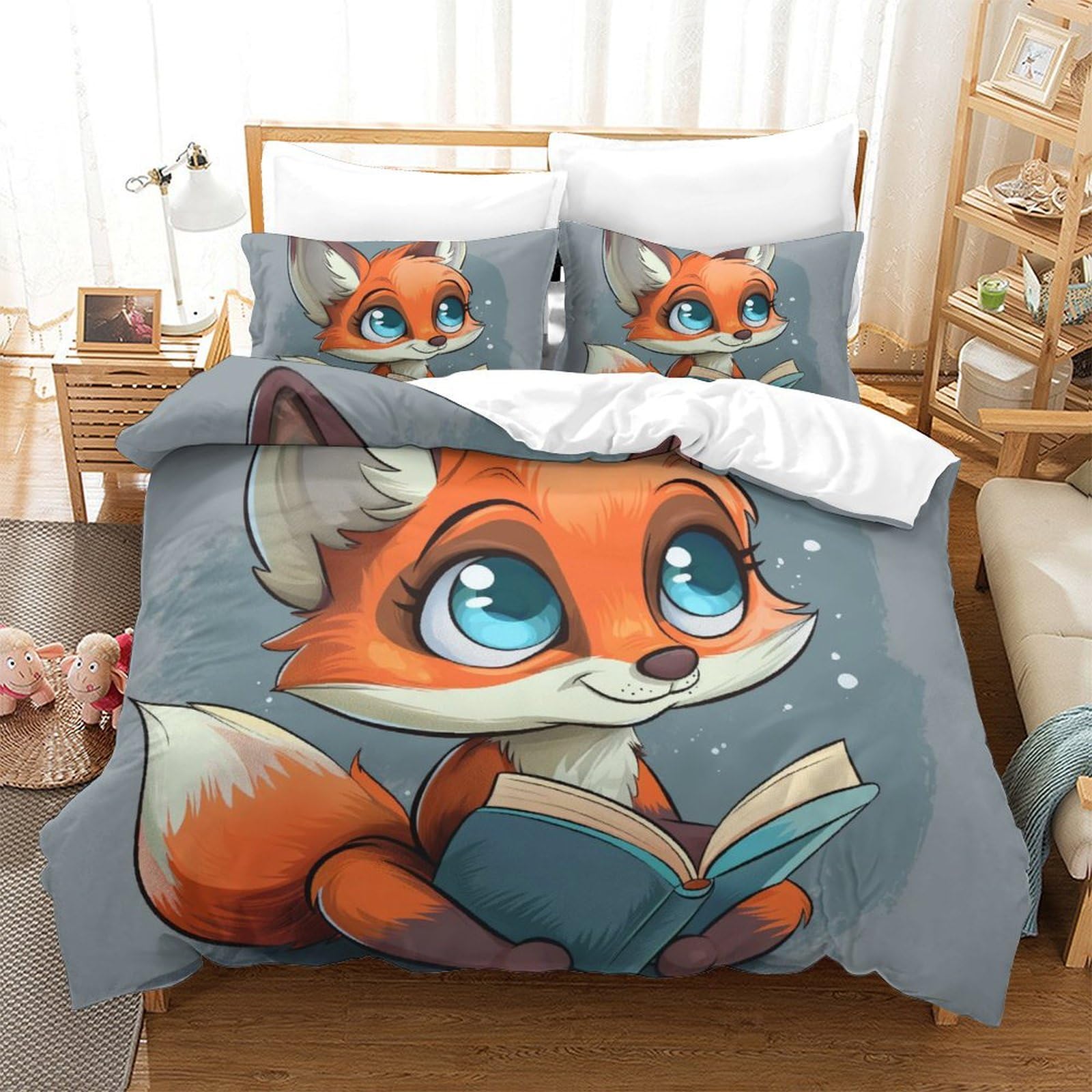 Housse de couette renard 3D super king en microfibre douce avec 2 taies d'oreiller