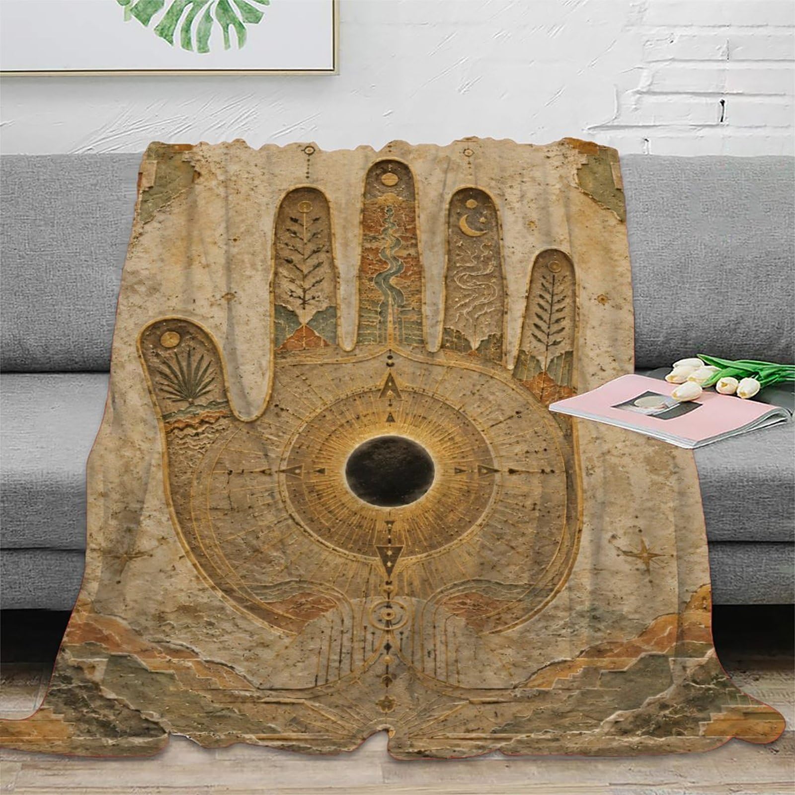 W7C8U2X3 Hamsa Hand Vintage Blanket, Flannel, Office, Bohemian Mystic Motif