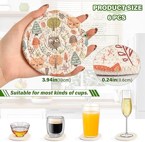 Miniatura 3 de innewgogo Forest Animals 6 Pcs Absorbent Drink Coasters for Tabletop Protection Handmade Round Woven Coaster with Holder & Heat Water Resistant Bulk