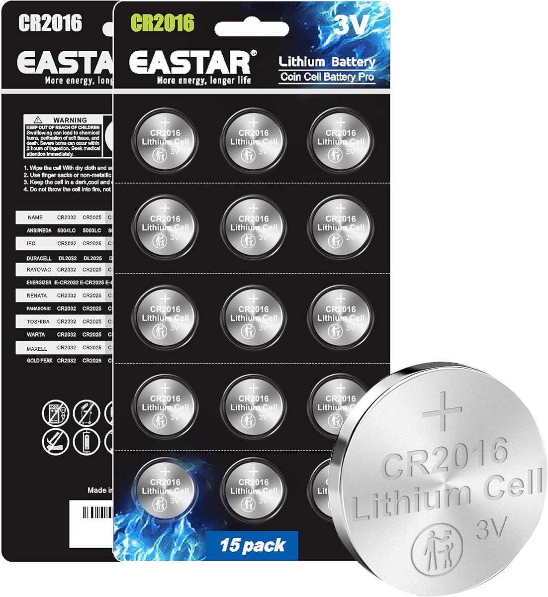 CR2016 Battery 15 Pack - 3V CR2016 Lithium Batteries for Small Electronic Devices, 10 Year Shelf Life, CR2016 Button Cell Battery with Child-Secure Packaging for Car Remote, Watch