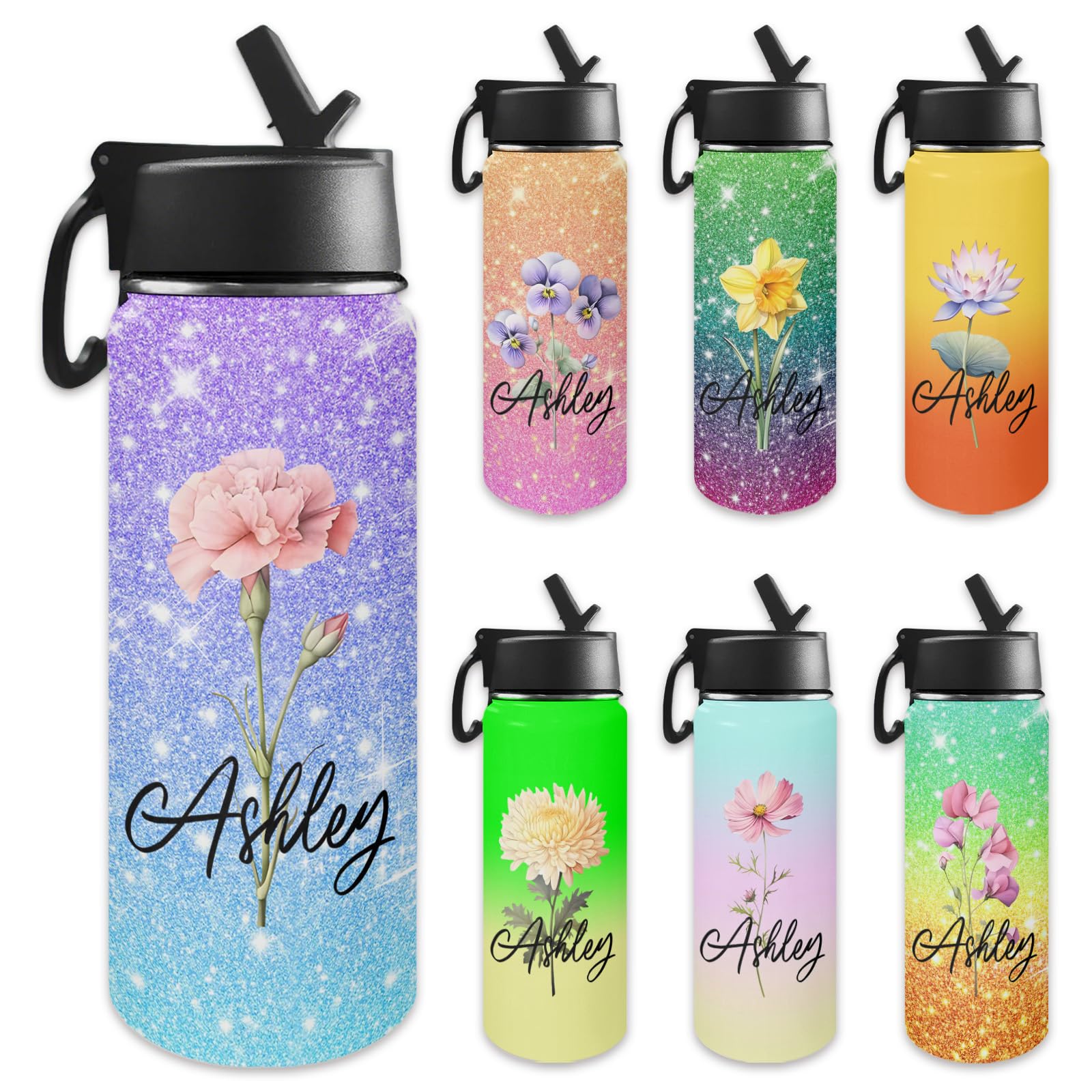 Personalized Birth Flower Water Bottle, Custom Name Birth Flower Stainless Steel Sports Bottles With Straw Lid, Birth Month Flower Insulated Stainless