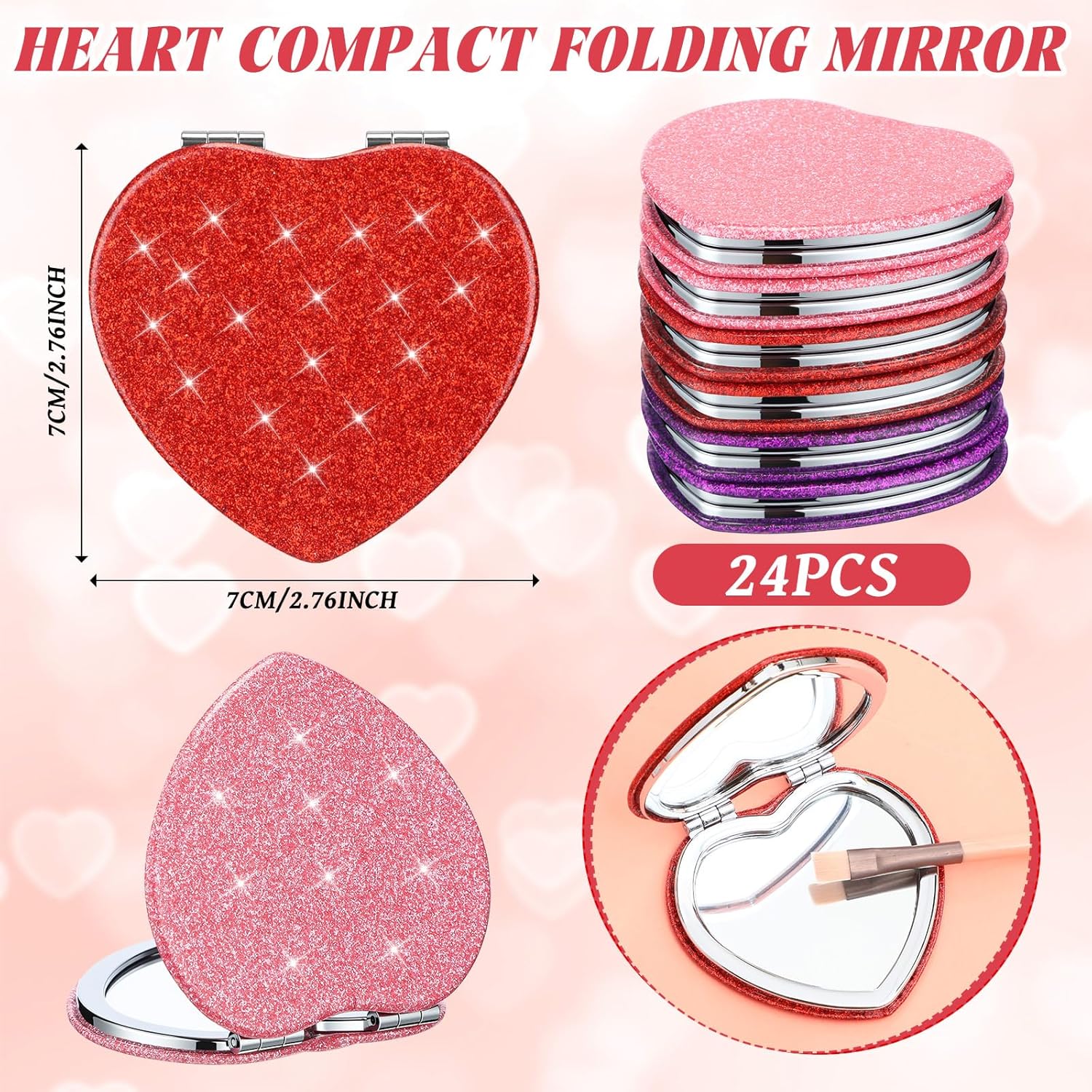 24 Pcs Heart Compact Mirror Magnifying Travel Mirror Bulk with Glitter Double Sided Cosmetic Purse Mirrors Heart Shaped Folding Pocket Makeup Mirrors for Women Mom Gift(Red, Pink, Purple)