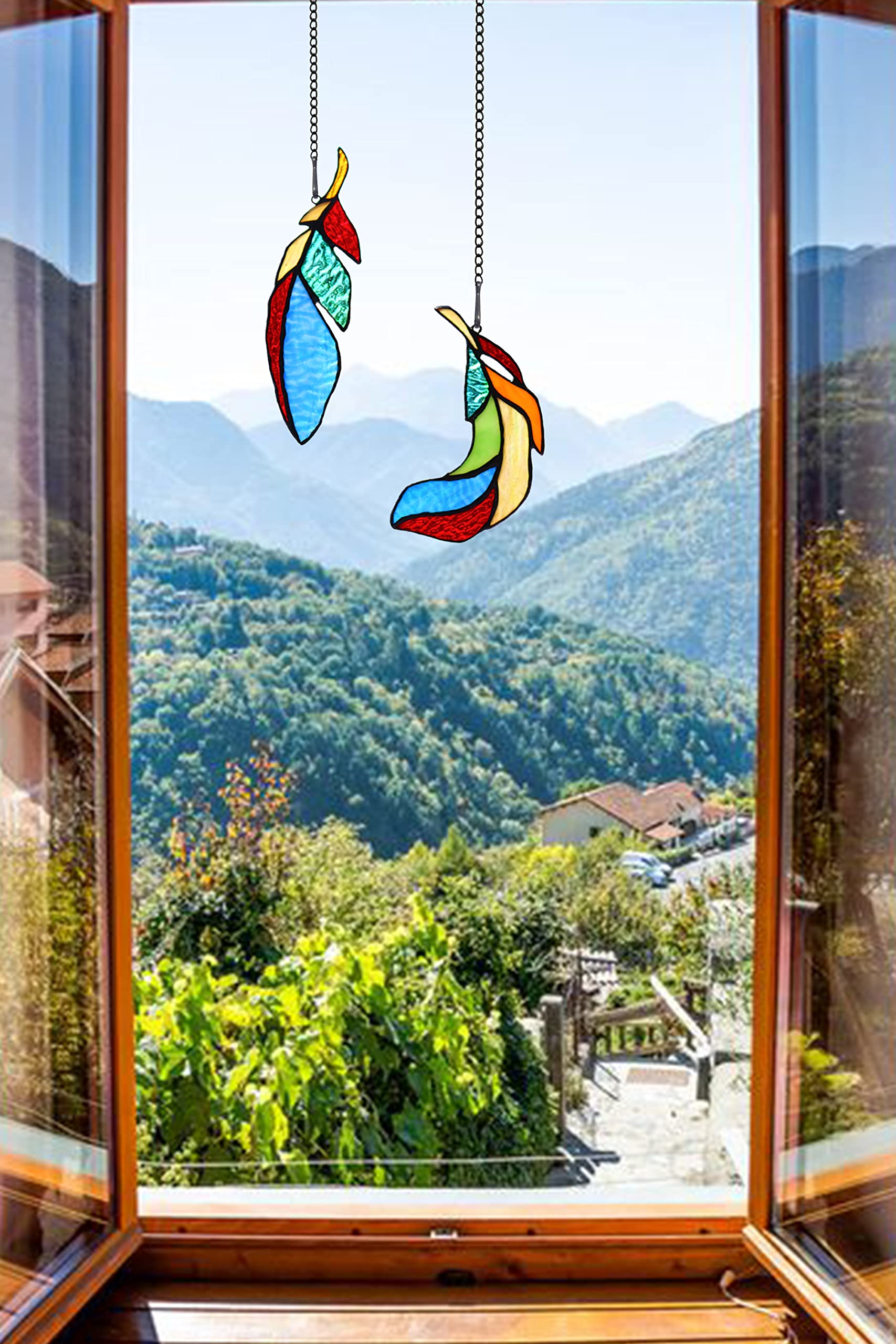 Boxcasa Feder-Dekor, Buntglas-Fensterbehang, Indianer-Dekoration, Federglas, Sonnenfänger für Fenster, Auto, Einweihungsgeschenke für neues Zuhause, Paar, Nachbarn, 2 Stück