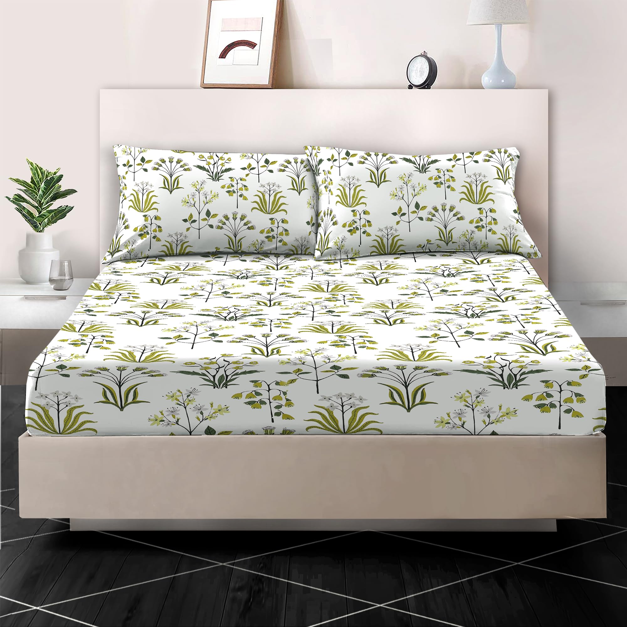 Printed Floral King Size Fitted Sheet – 100% Egyptian Cotton 400 Thread Count | Extra Deep 30cm (12") Pocket | Soft & Breathable Luxury Bed Sheet | 152 x 200 + 30cm | Easy Care Machine Washable — image 1