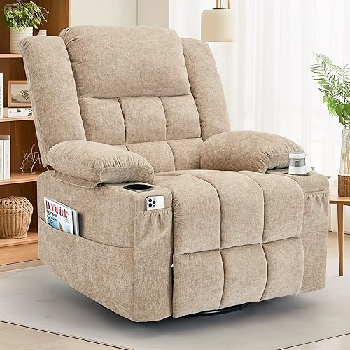 360° Swivel Rocker Recliner for Adults, Nursery Glider Recliner with Massage and Heating, Rocking Chair with Cup Holder, Manual Recliner Chair for Living Room, Bedroom (Fabric, Khaki)
