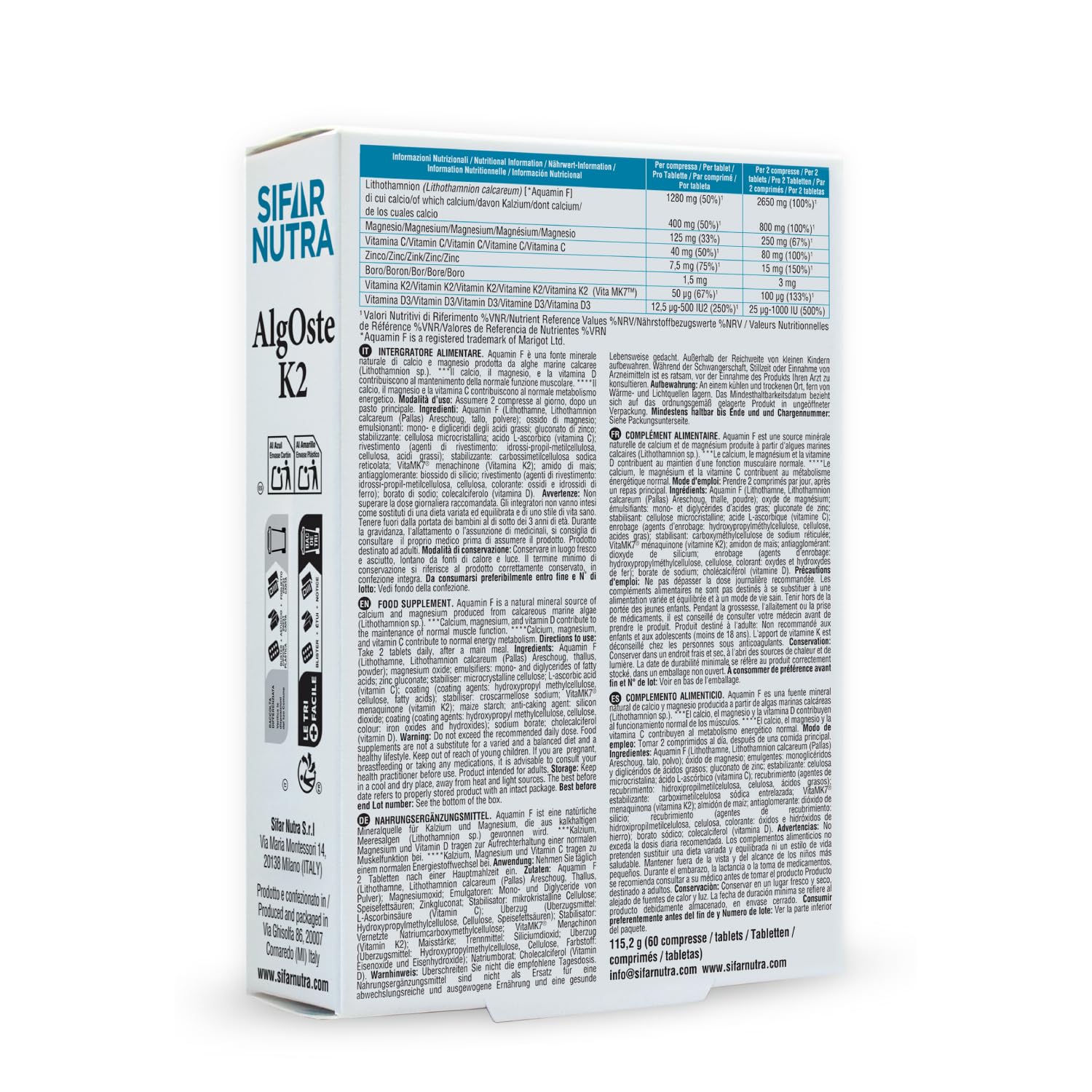 Algoste K2 | Complément alimentaire pour les os avec calcium de Lithothamnion (Aquamin F), vitamines K2 et D3, magnésium, vitamine C, zinc et bore | 180 comprimés (3 boîtes de 60)