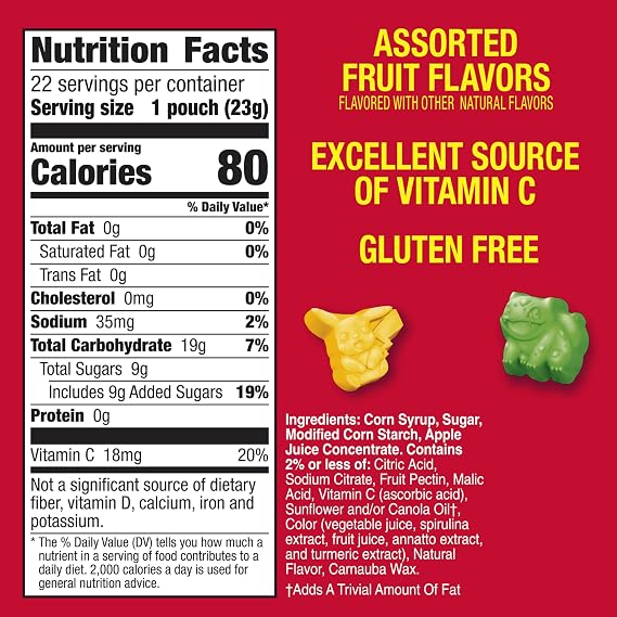 Pokemon Fruit Flavored Snacks, Fat Free and Gluten Free Snacks, 17.6 oz (22 Pouches)