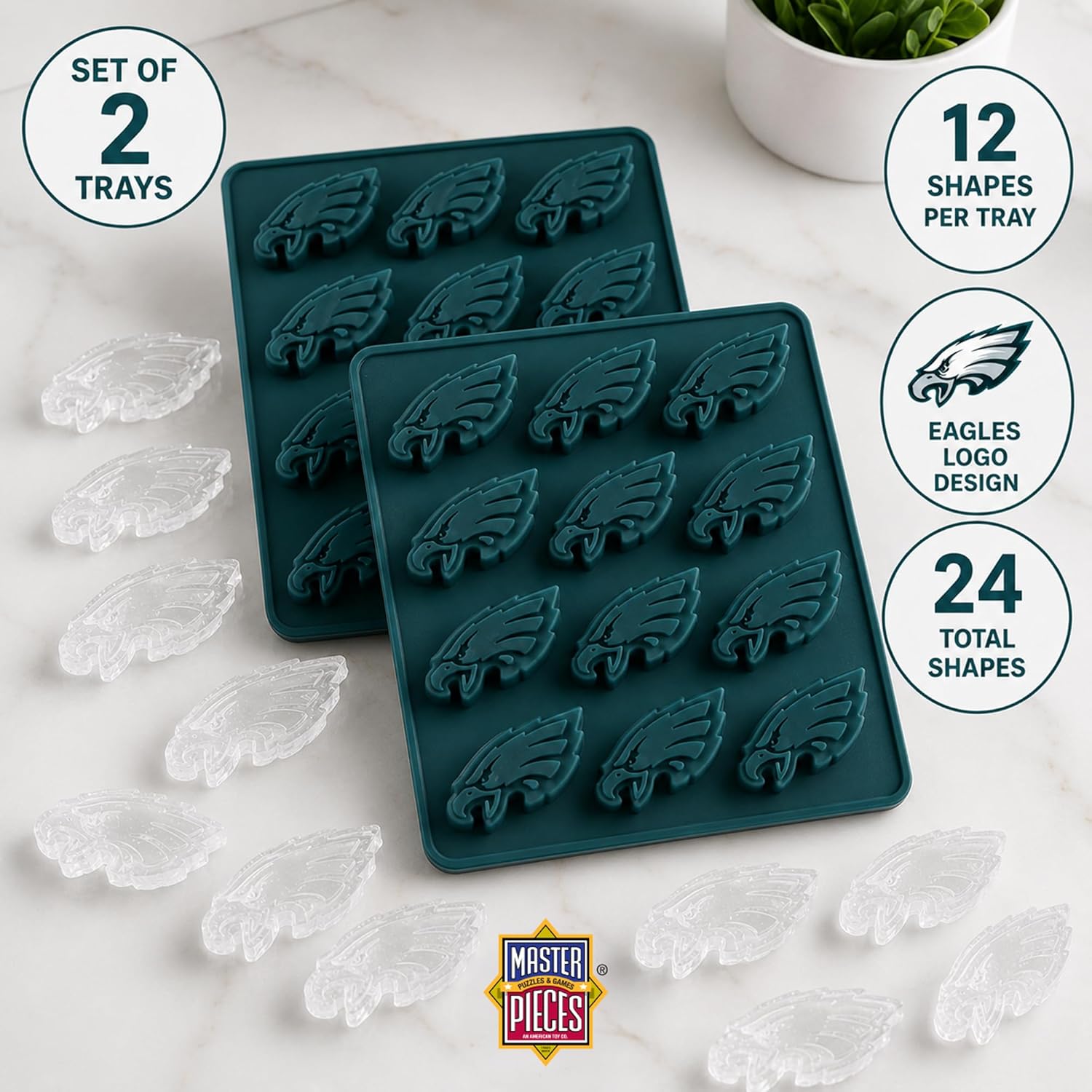 MasterPieces NFL Philadelphia Eagles Ice Cube Tray, Silicone Mold for Candy, Chocolates & Soap, Green, Football Party Ice Molds
