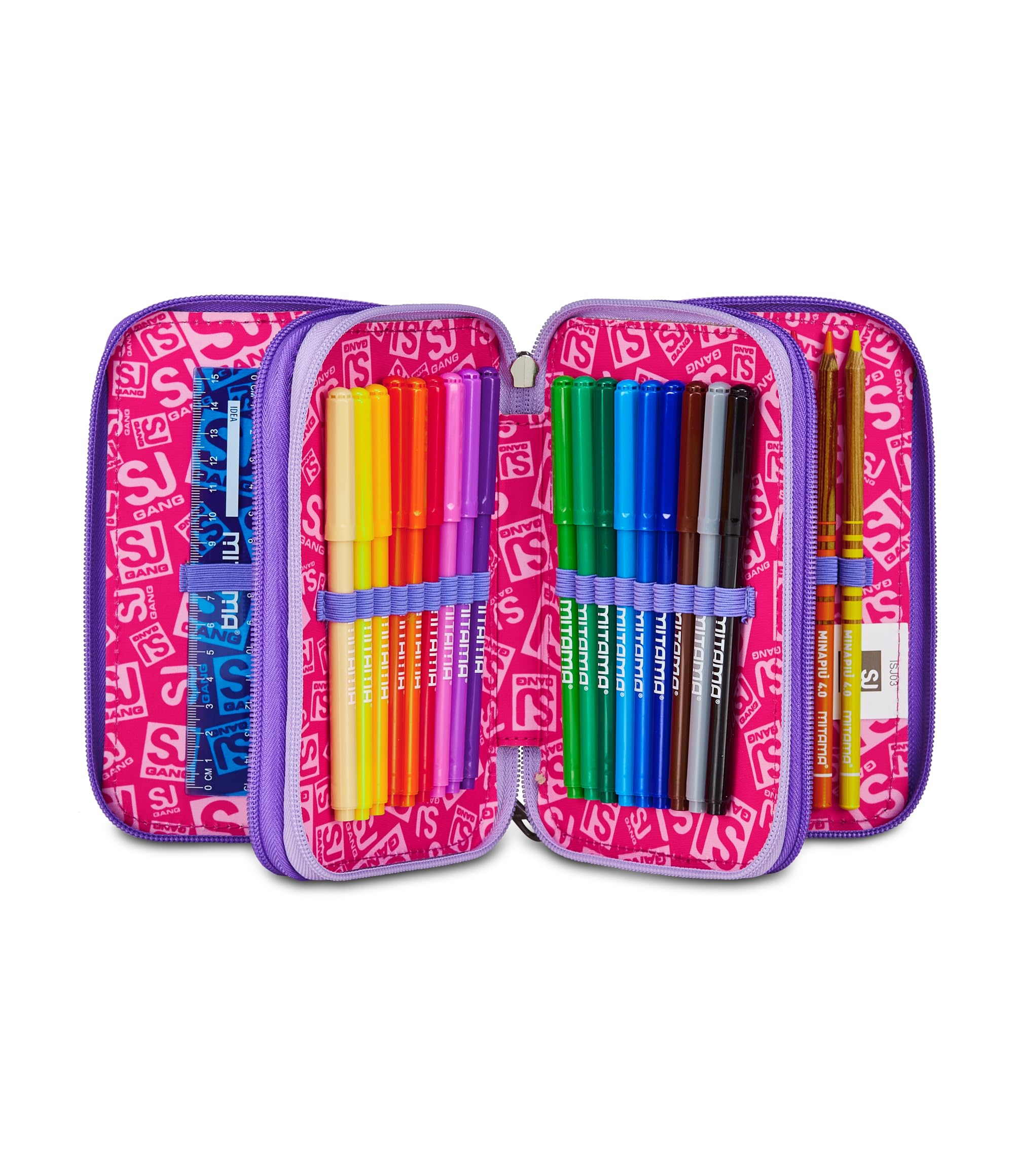 SJ GANG STYLE JAM GANG Astuccio Scuola 3 Zip, Rosa, Portapenne Triplo Scomparto Completo Di Penne, Matite, Colori, Accessori Zaino, Scuole Elementari, Bambina