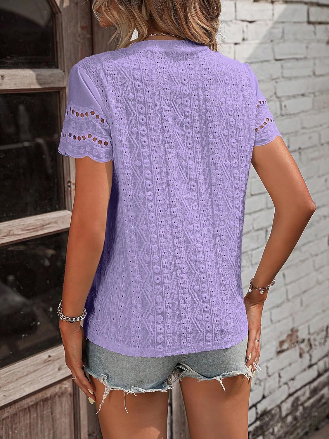 Womens Summer Tops Crewneck Short Sleeve Shirts Casual Textured Eyelet Top Dressy Blouses - Image 6