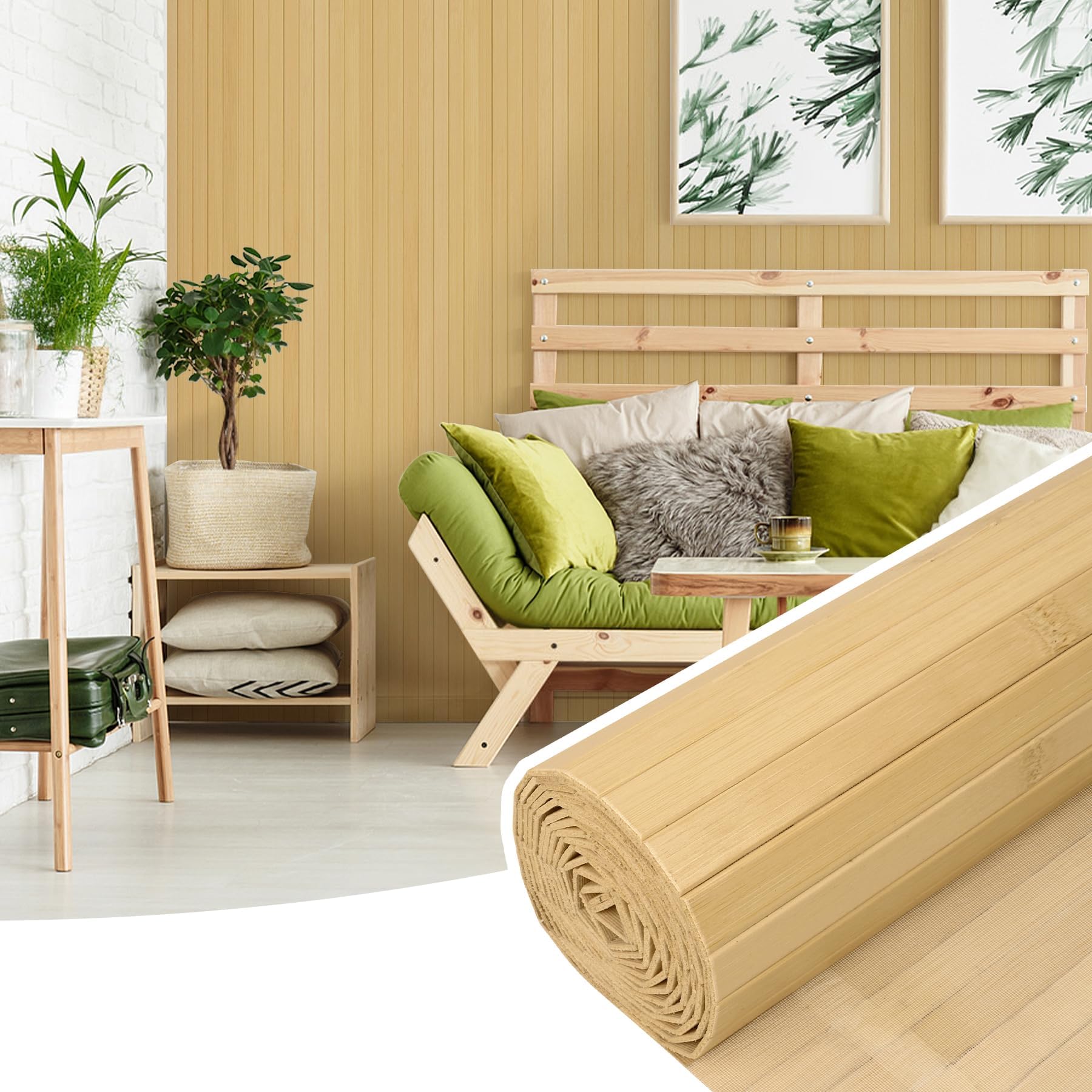 Bamboo Wall Panel for Interior Wall Decor, Renewable Pole Wrap Wainscoting Roll Bamboo Covering Paneling for Wall Ceiling Office Bedroom Living Room (12" H x 96" L, Light-Carbonized)