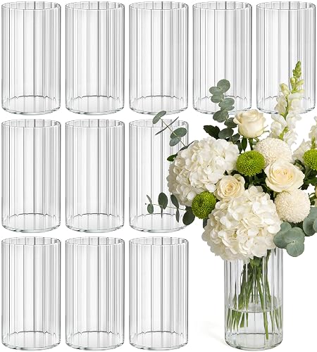 12pcs Stripe Glass Cylinder Vases for Centerpieces, 6 Inch Tall